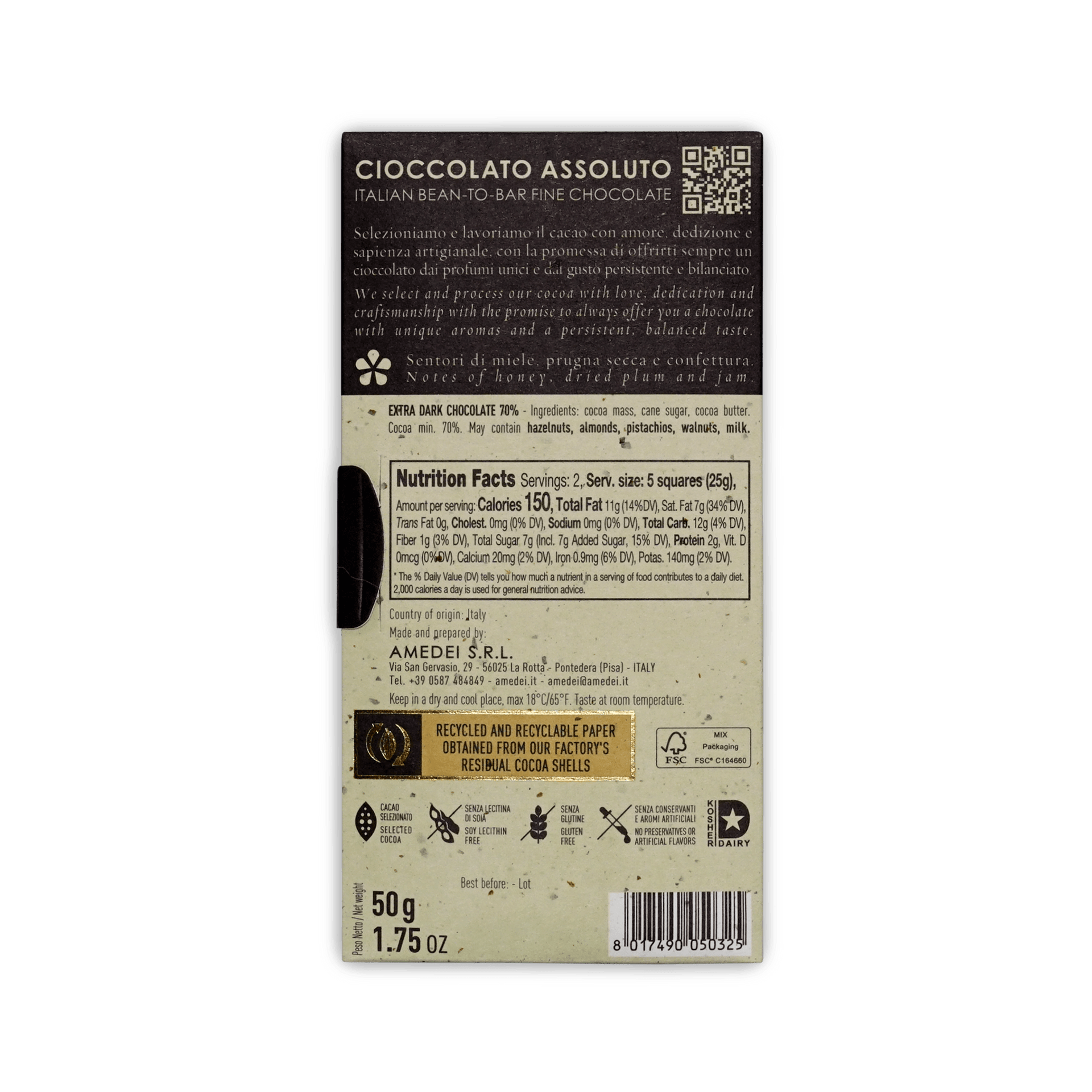 Back of Amedei Cioccolato Assoluto 70% extra dark chocolate box with nutrition facts and QR code