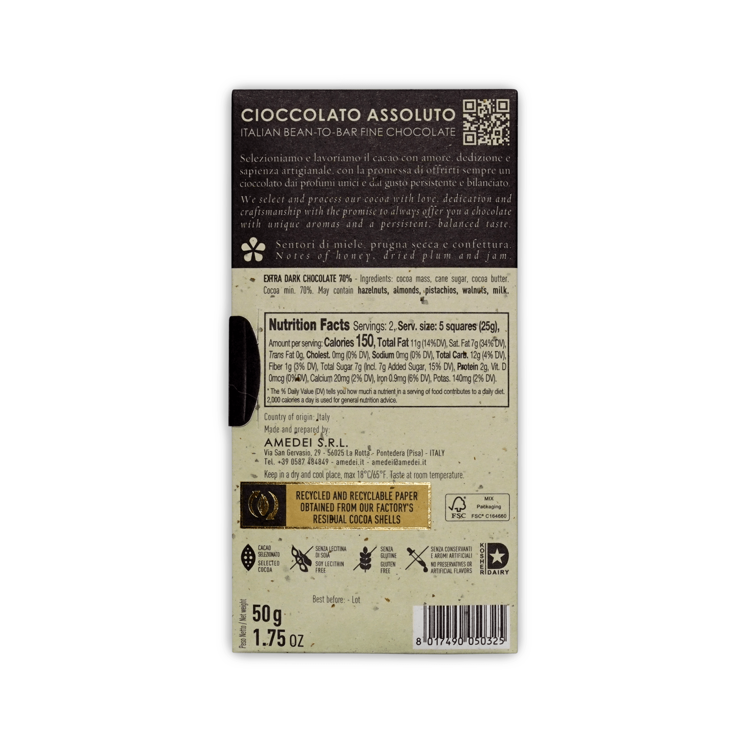 Back of Amedei Cioccolato Assoluto 70% extra dark chocolate box with nutrition facts and QR code