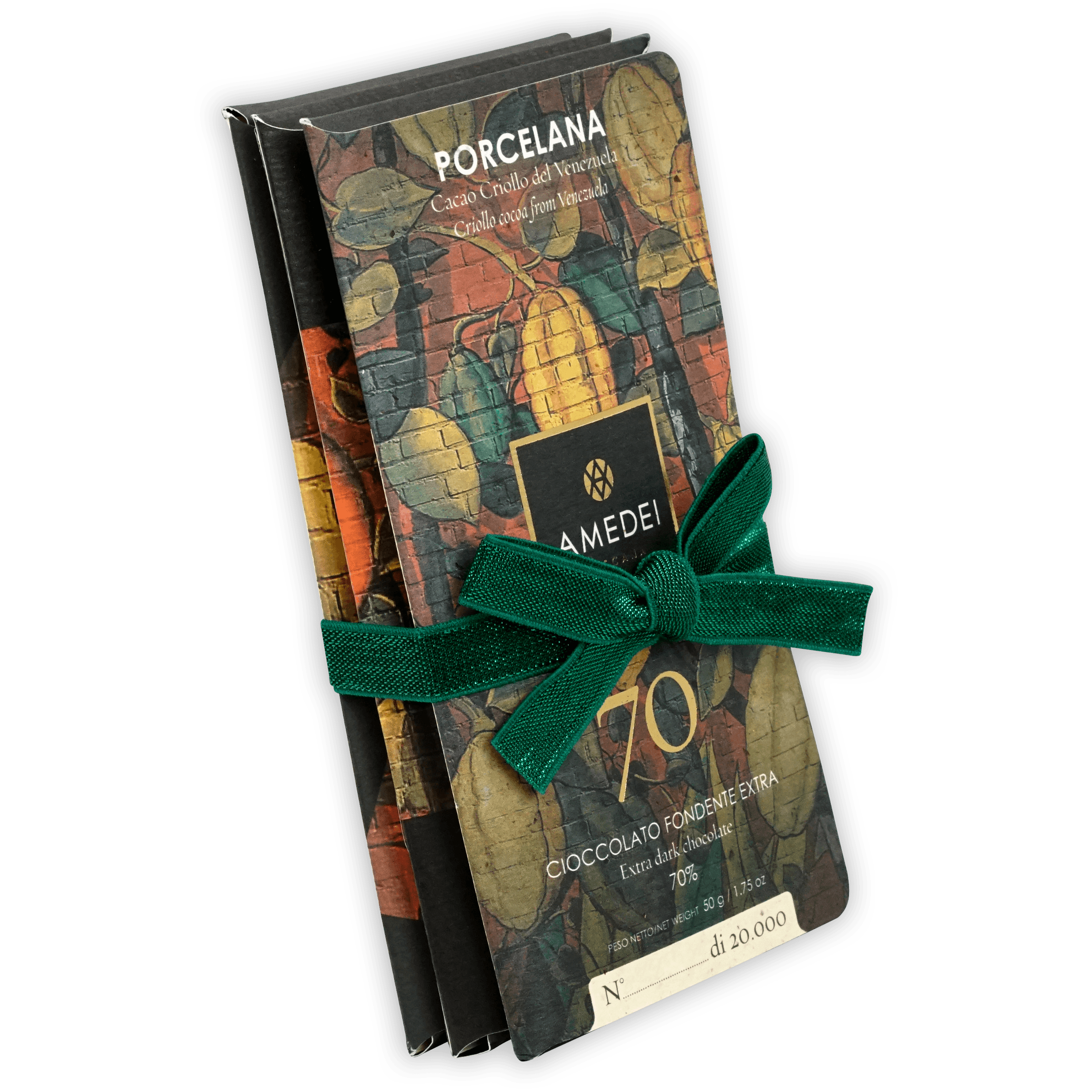 Amedei Porcelana 70% dark chocolate bar in colorful wrapped bundle pack