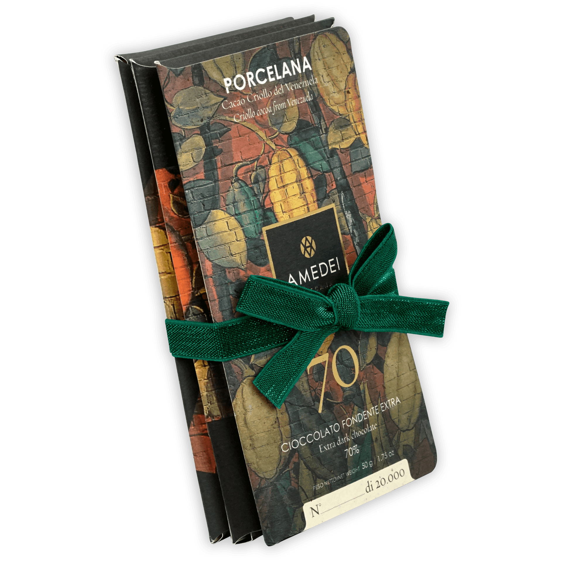 Amedei Porcelana 70% dark chocolate bar in colorful wrapped bundle pack