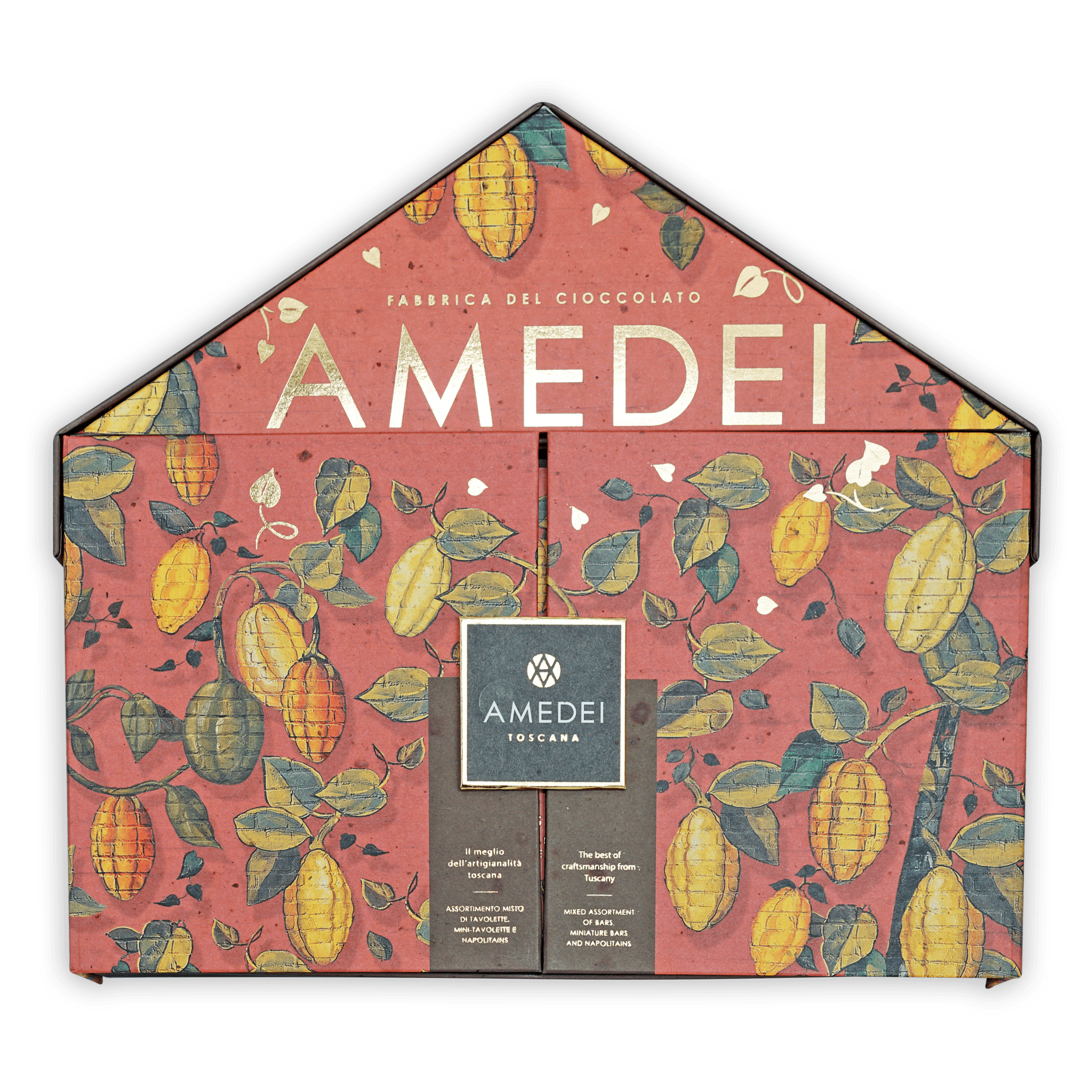 Amedei Toscana Chocolate Gift Box Fabbrica with red botanical cocoa pod design