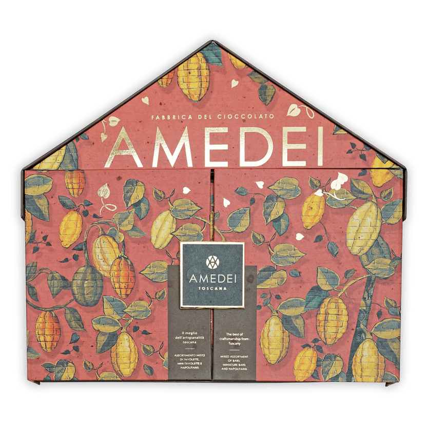 Amedei Toscana Chocolate Gift Box Fabbrica with red botanical cocoa pod design