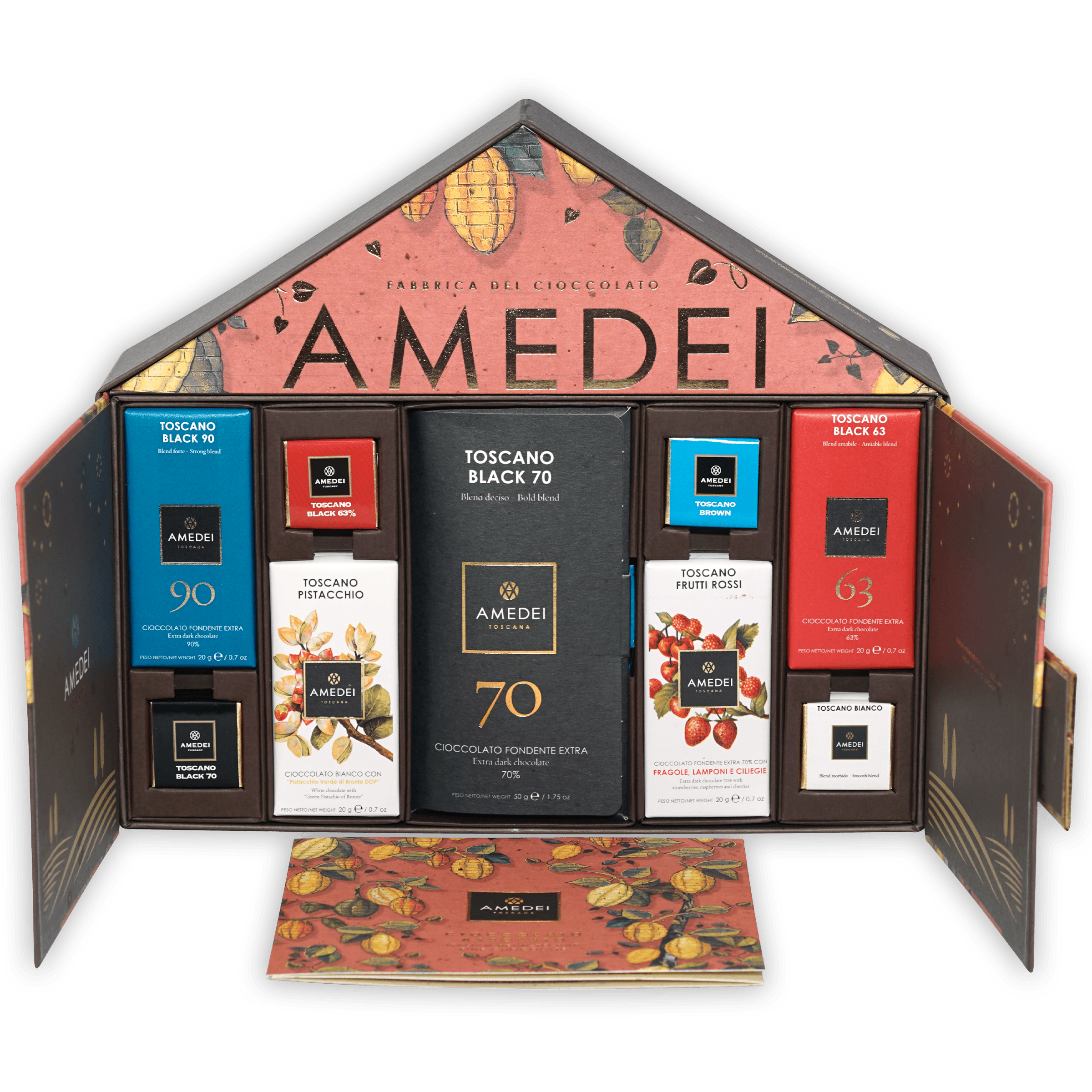 Amedei Chocolate Gift Box Fabbrica with assorted bars in blue, red, white packaging