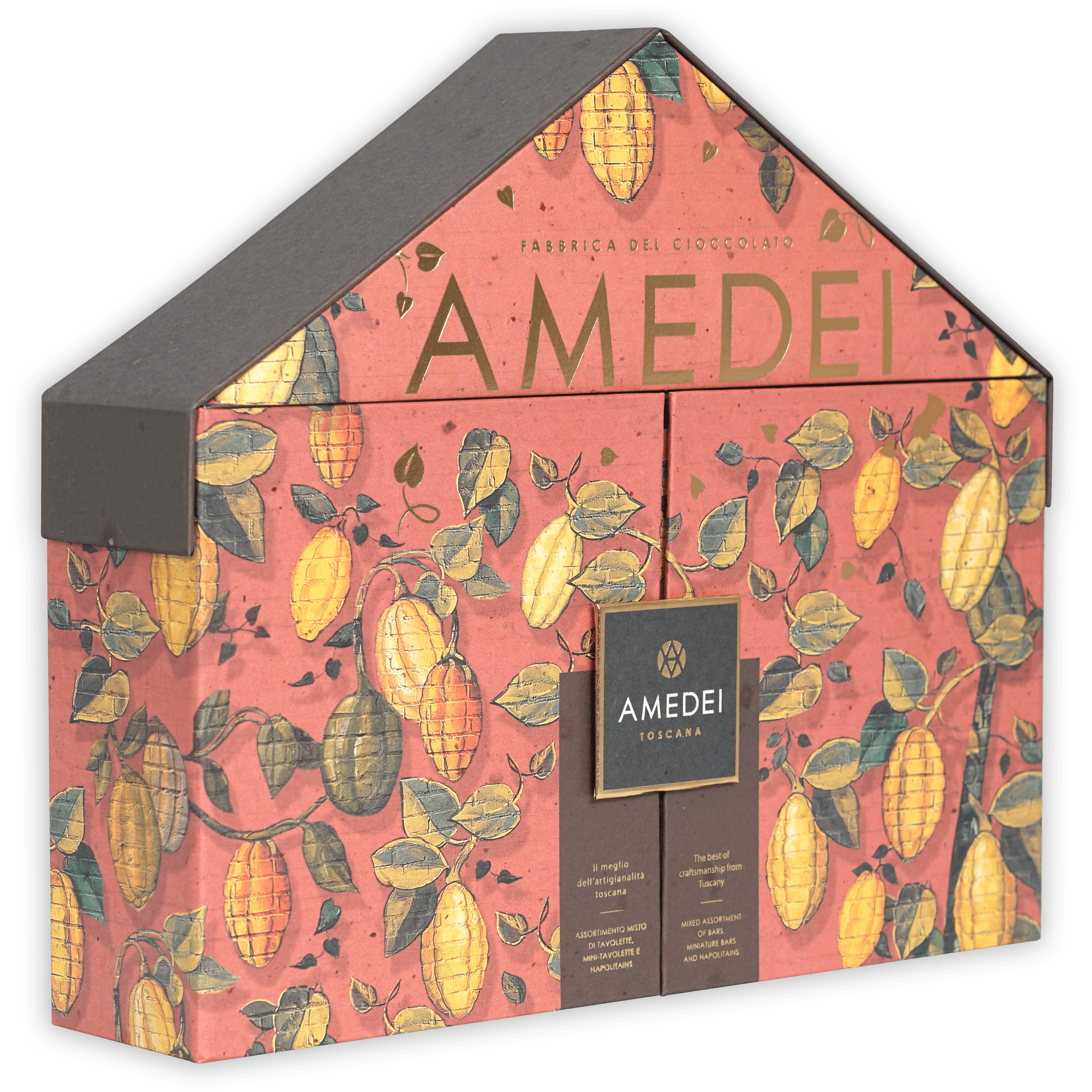 Amedei Fabbrica pink house-shaped chocolate gift box with cocoa pods
