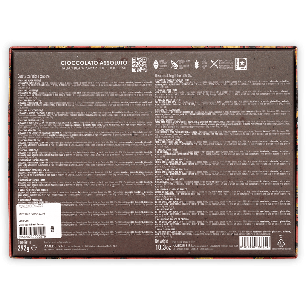 Amedei dark brown cioccolato assoluto chocolate box back with Italian text