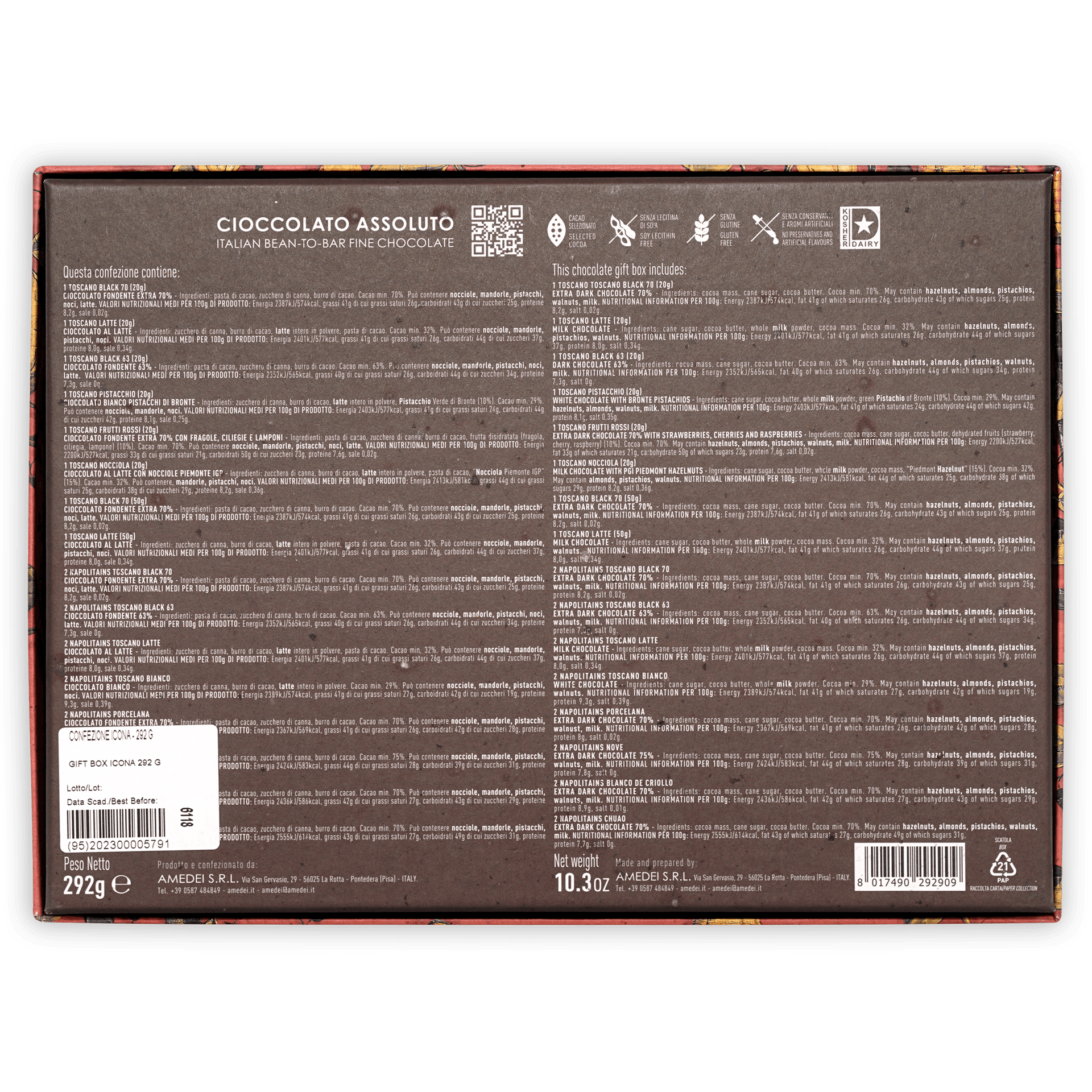 Amedei dark brown cioccolato assoluto chocolate box back with Italian text