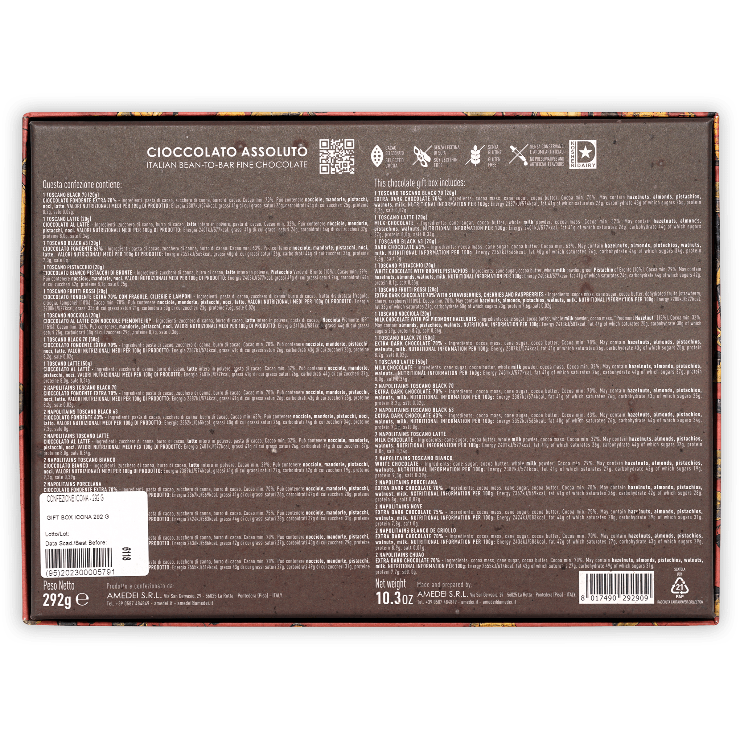 Amedei dark brown cioccolato assoluto chocolate box back with Italian text