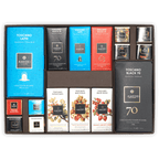 Amedei Toscana chocolate gift box icon with assorted bars in blue, black, red, white and gold foil