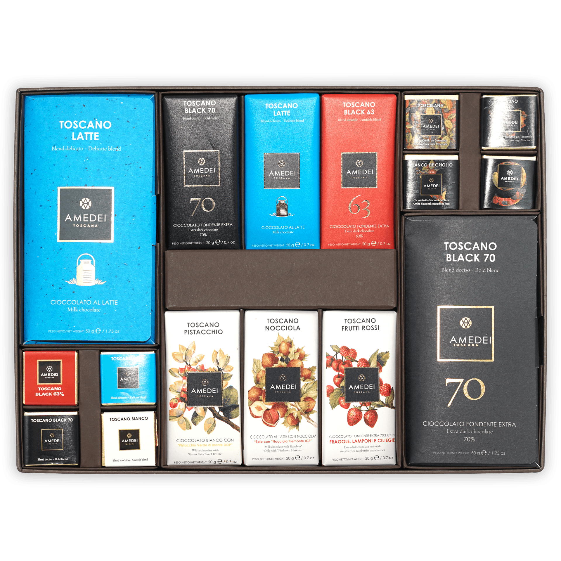 Amedei Toscana chocolate gift box icon with assorted bars in blue, black, red, white and gold foil