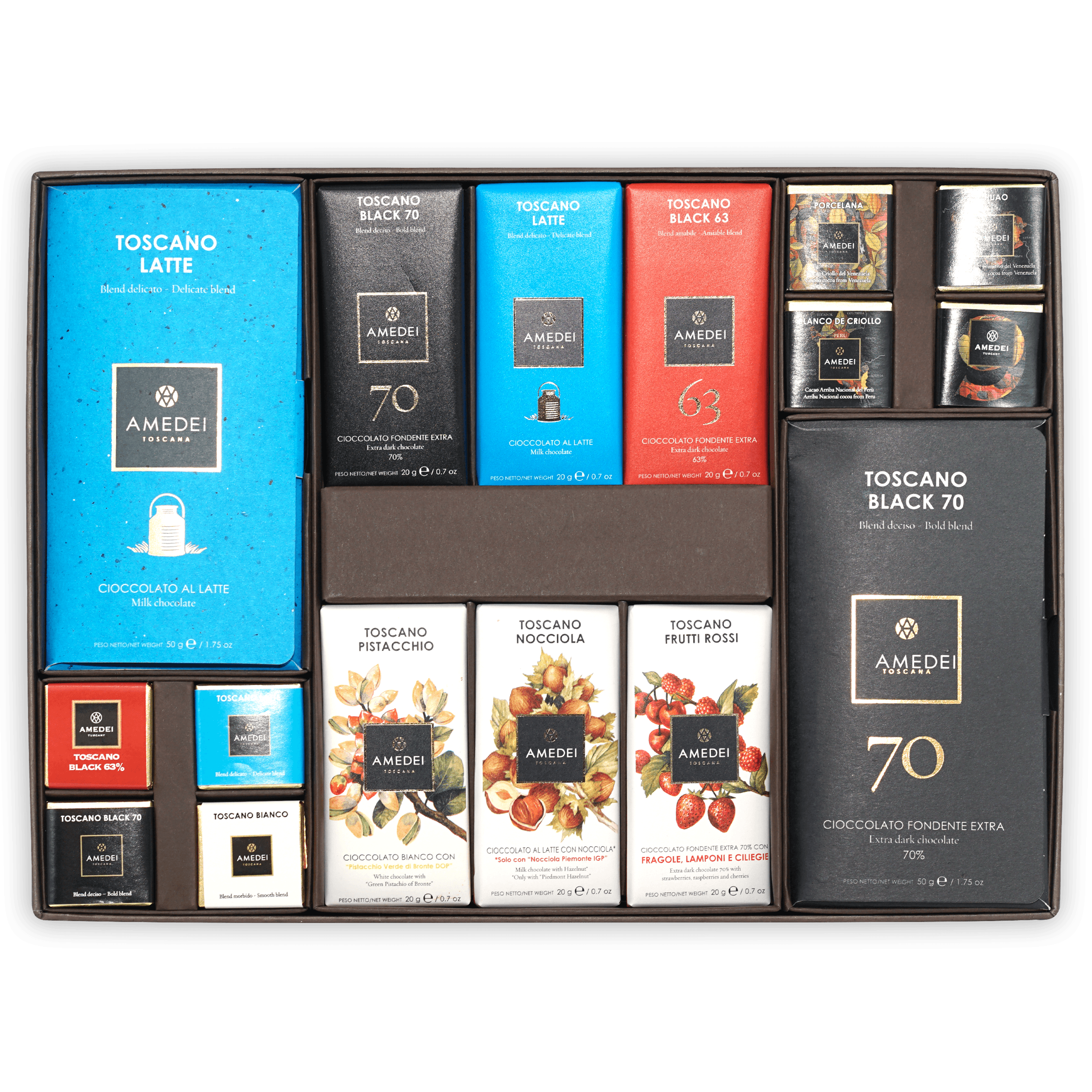 Amedei Toscana chocolate gift box icon with assorted bars in blue, black, red, white and gold foil