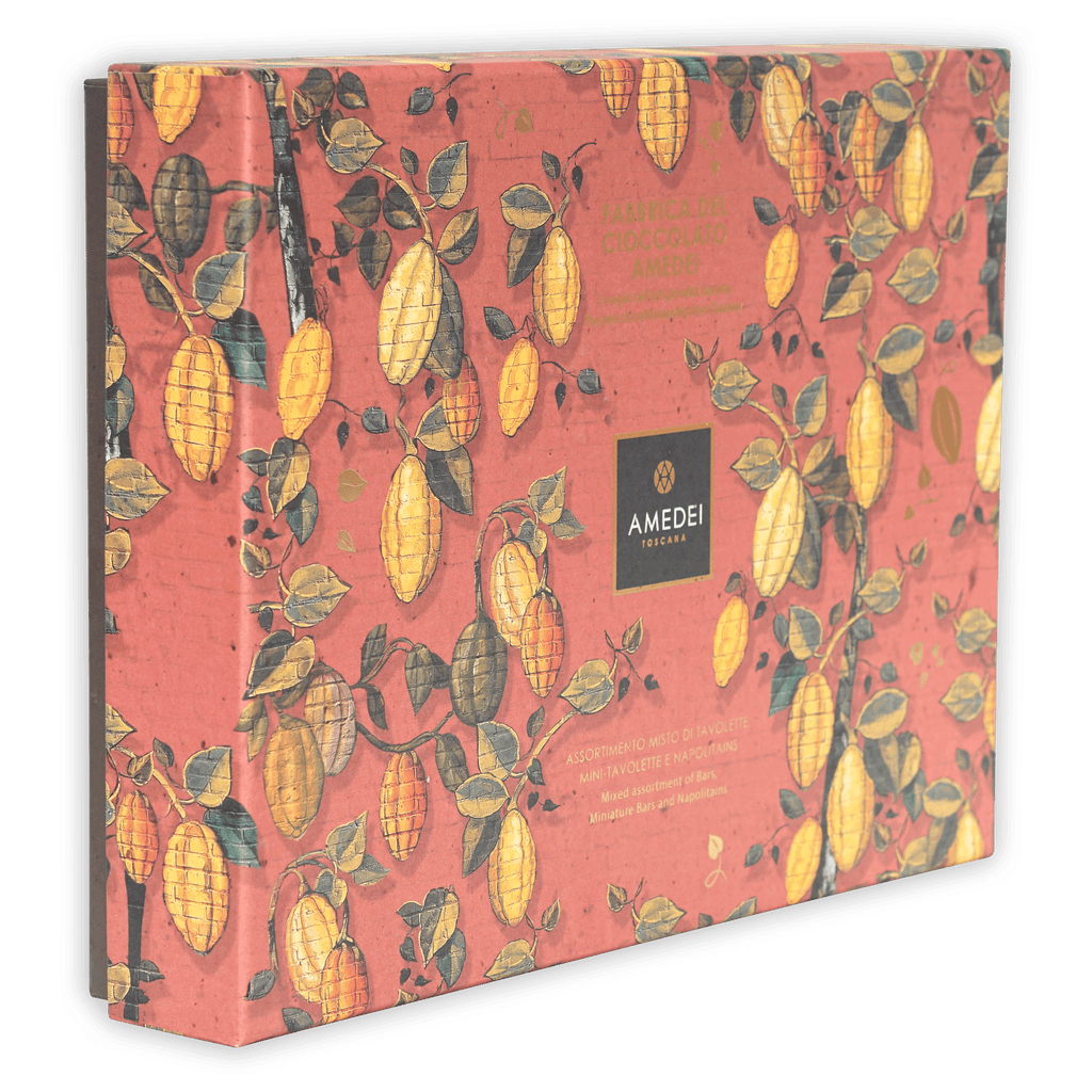 Amedei Ticiana pink chocolate advent calendar with cocoa pods illustration