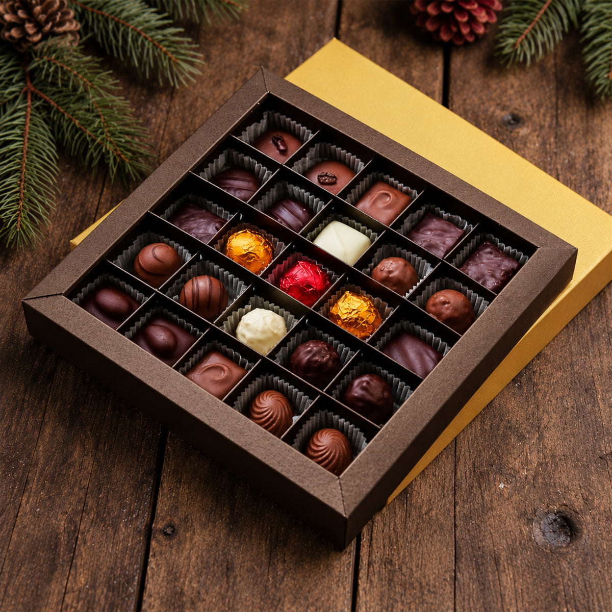 Open Amedei gift box of 25 assorted chocolate pralines on a wooden table with pine branches.