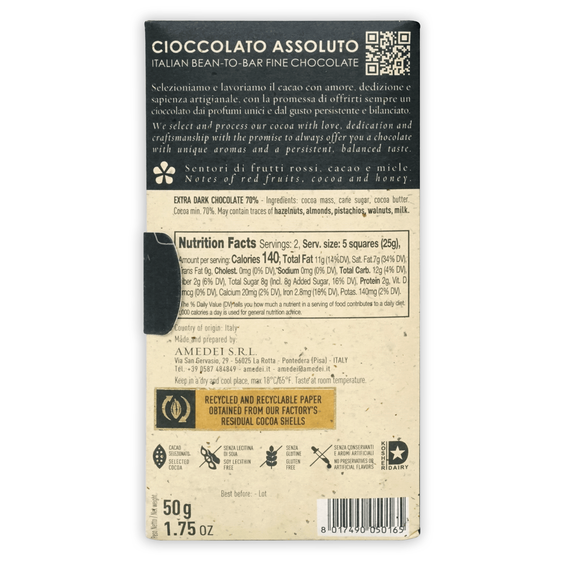 Amedei Chuao 70% extra dark chocolate bar in beige black package