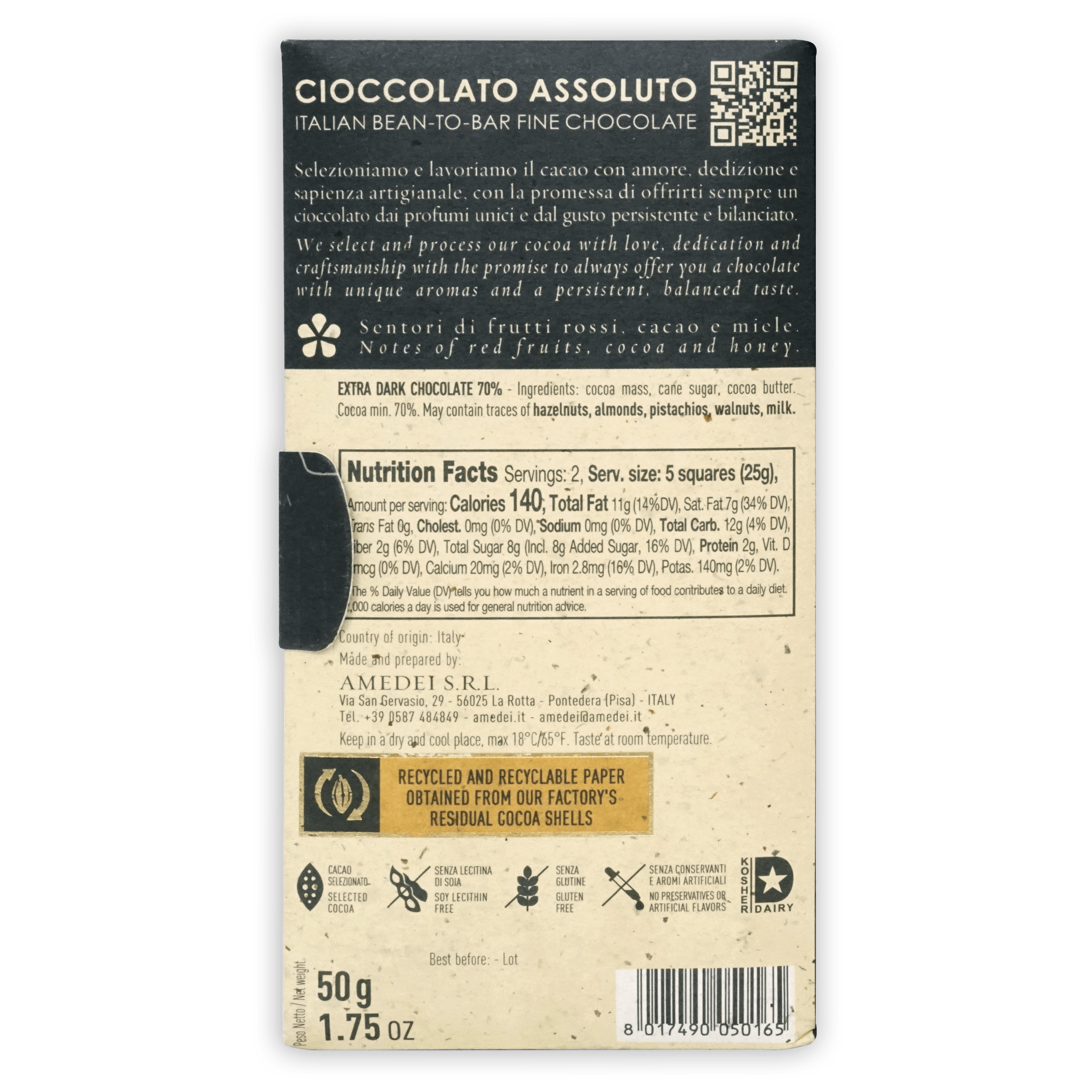 Amedei Chuao 70% extra dark chocolate bar in beige black package