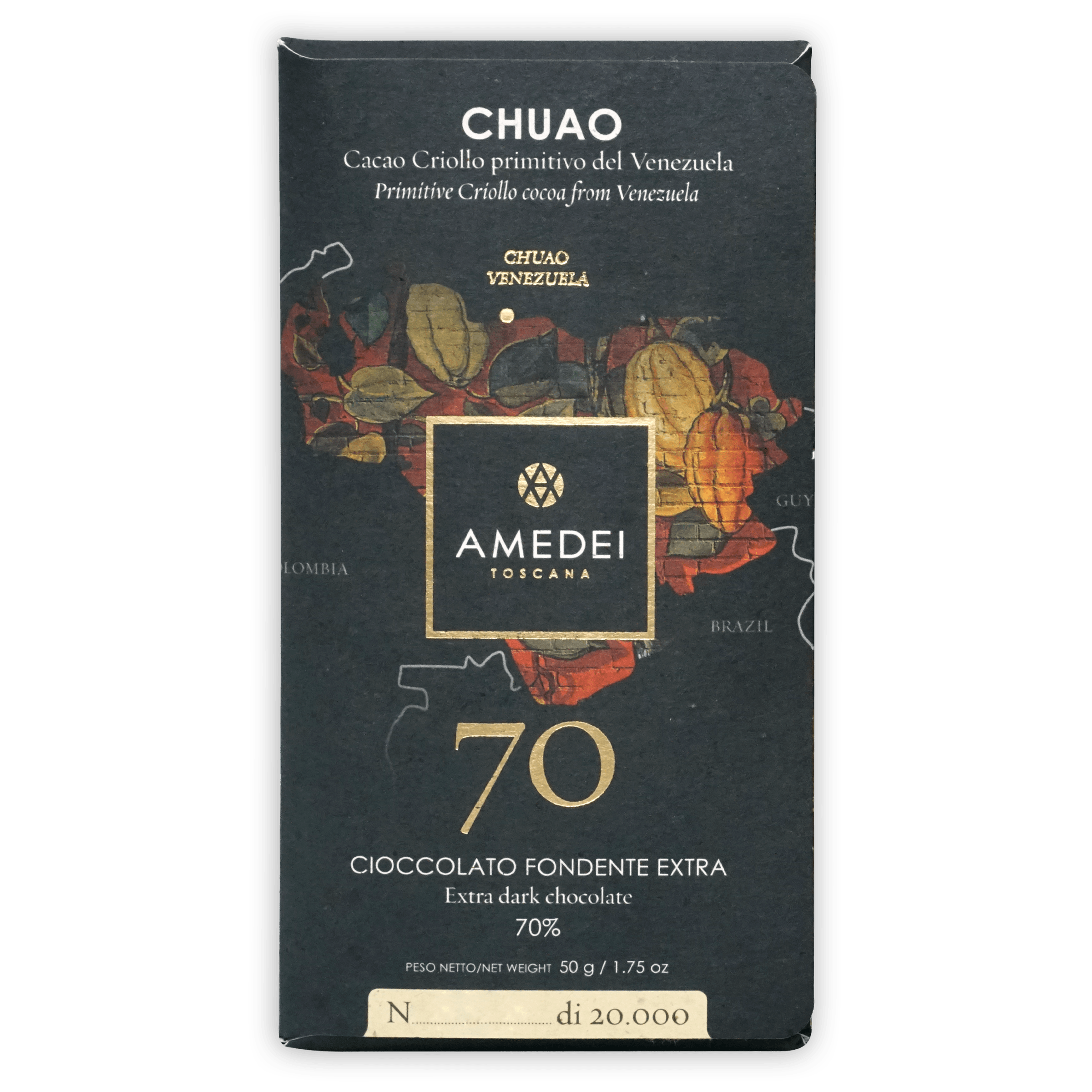 Amedei Toscana 70% extra dark chocolate bar in Chuao 70% product display