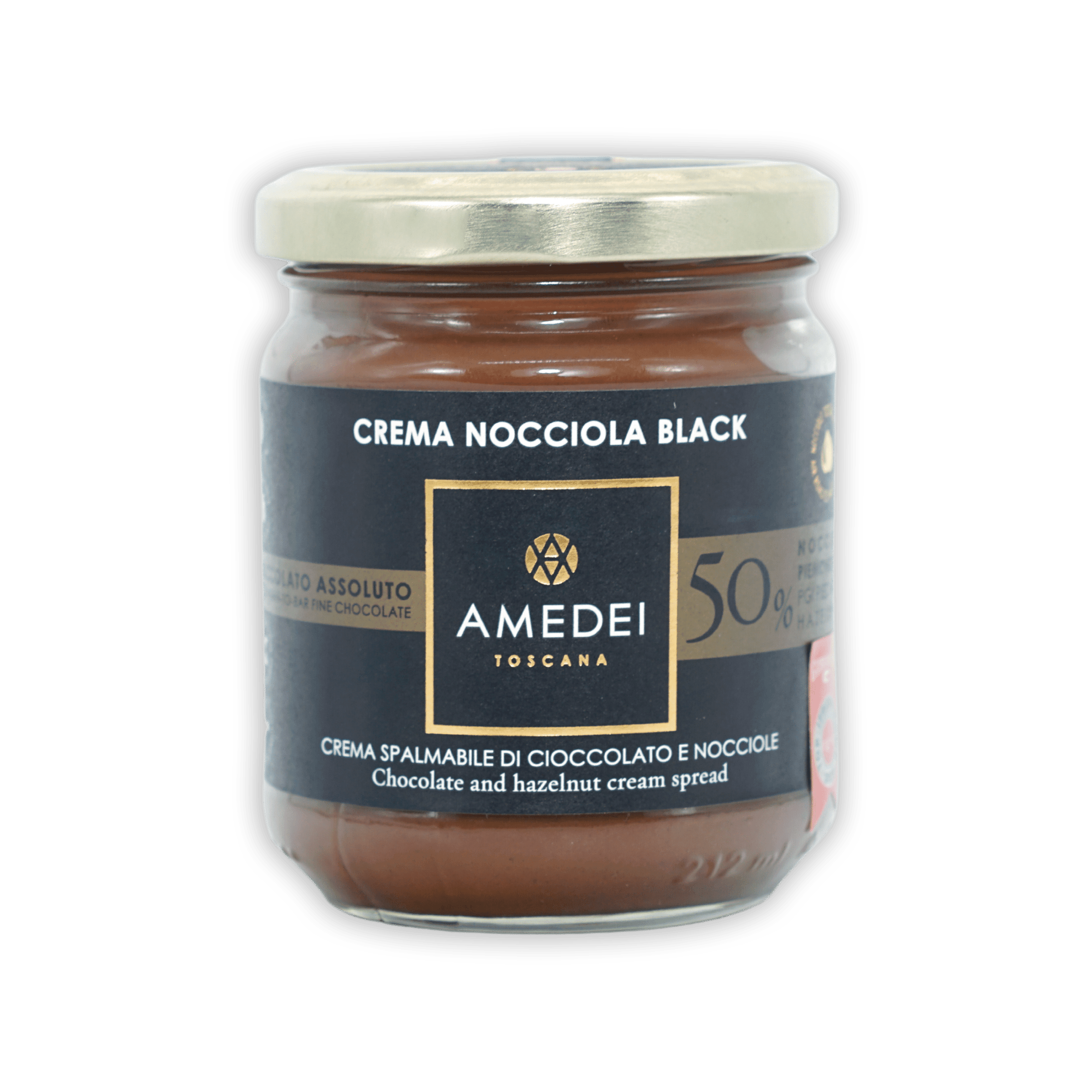 Amedei Toscana Crema Nocciola Black rich chocolate hazelnut spread jar