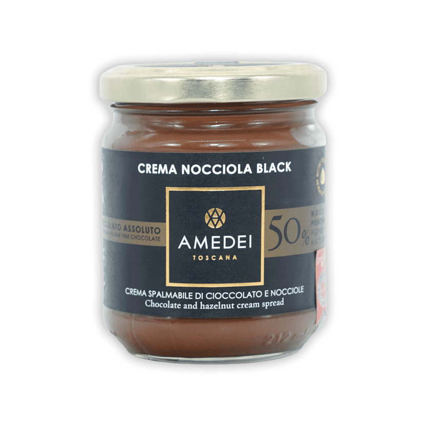 Amedei Toscana Crema Nocciola Black rich chocolate hazelnut spread jar
