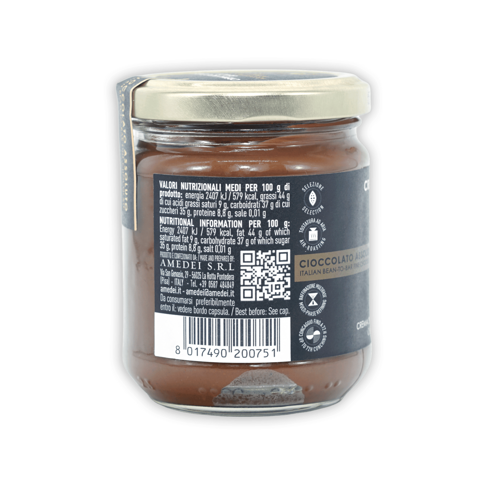 Amedei Crema Nocciola Black Spread jar with dark Italian bean-to-bar chocolate