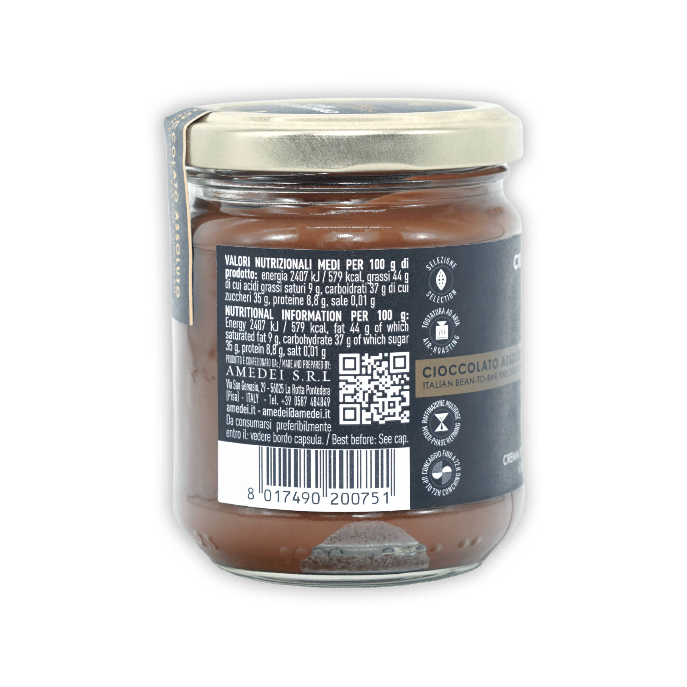 Amedei Crema Nocciola Black Spread jar with dark Italian bean-to-bar chocolate