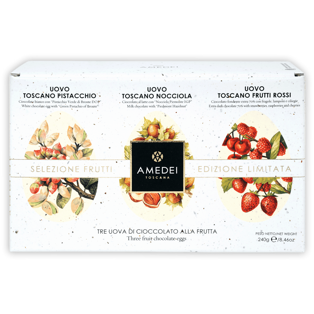 Amedei Toscana limited edition fruit chocolate eggs trio with pistachio, hazelnut, strawberry designs
