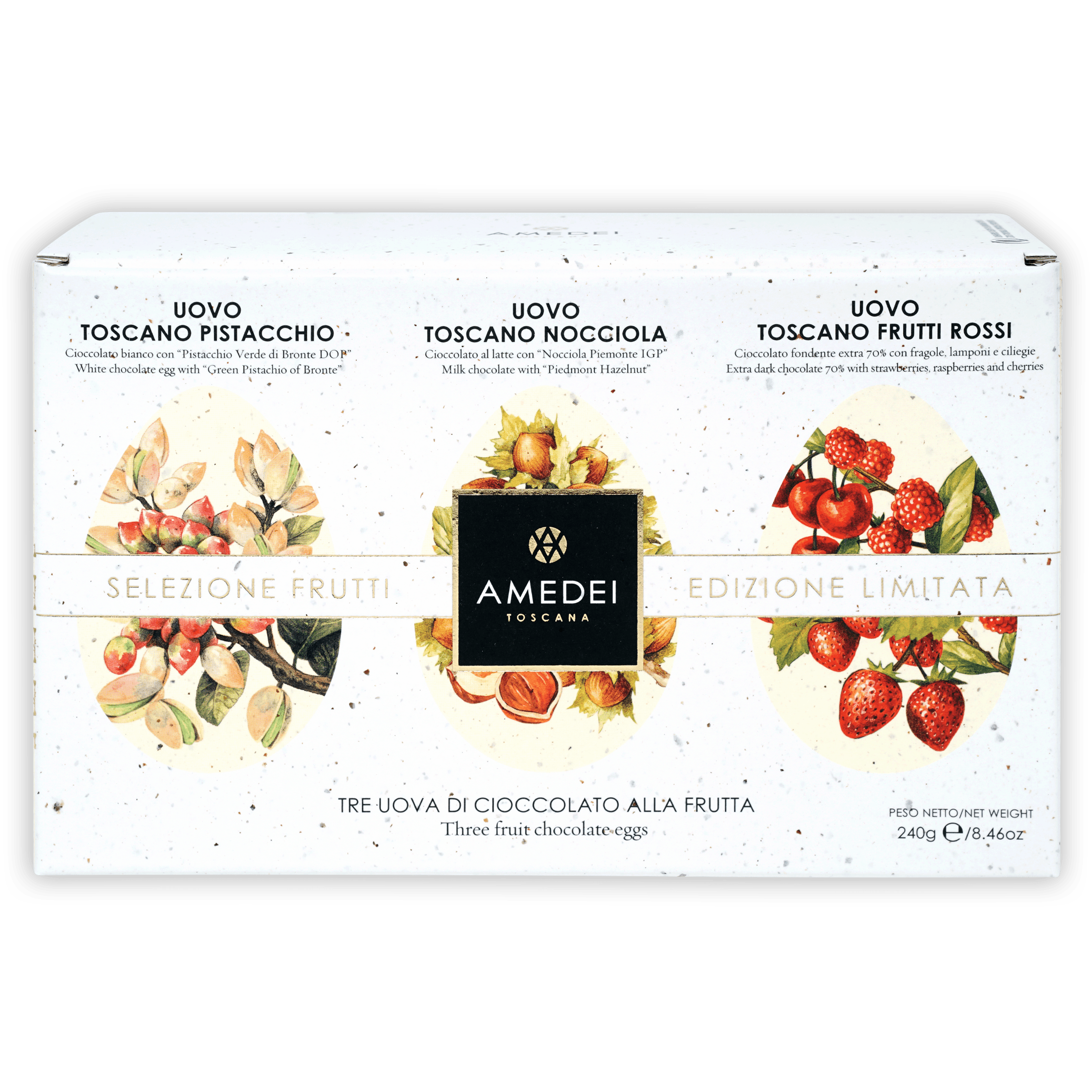 Amedei Toscana limited edition fruit chocolate eggs trio with pistachio, hazelnut, strawberry designs