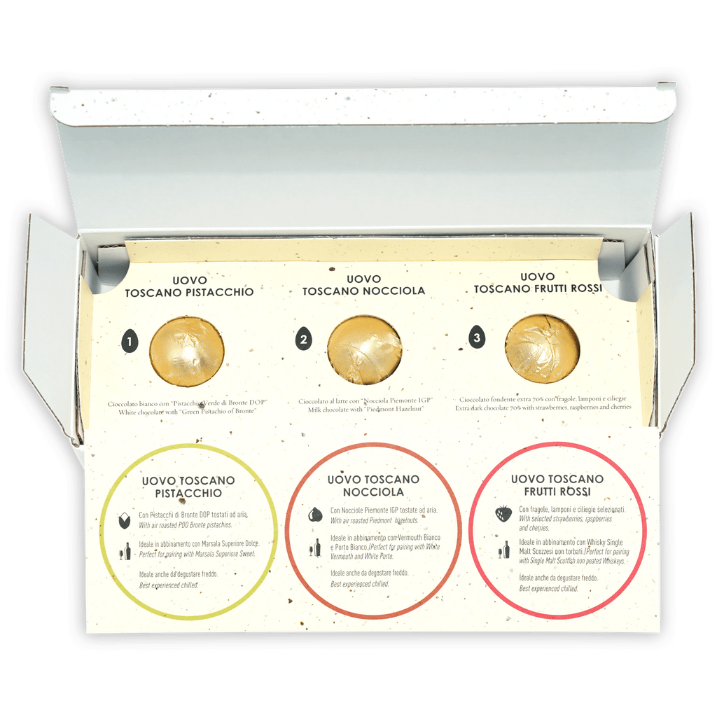 Amedei Easter Eggs Trio: open box with pistachio, hazelnut, fruit truffles