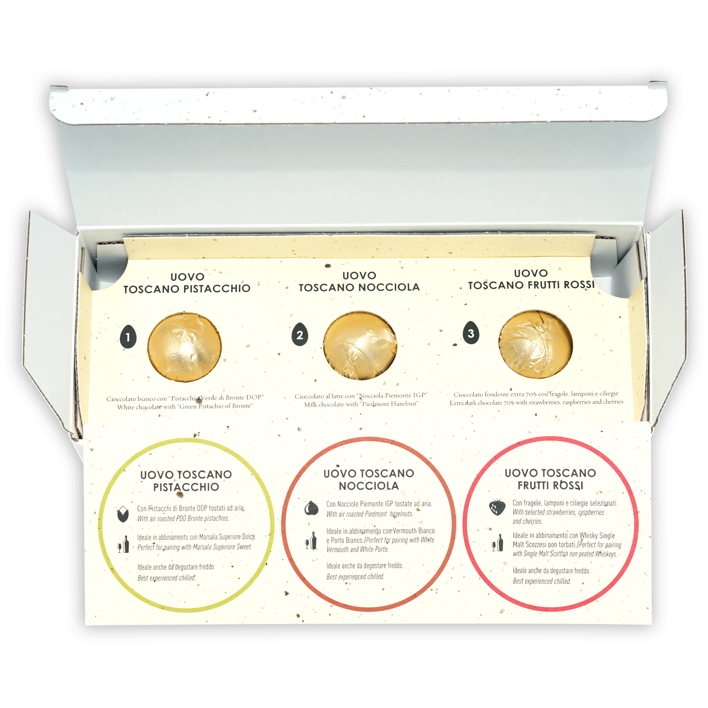 Amedei Easter Eggs Trio: open box with pistachio, hazelnut, fruit truffles
