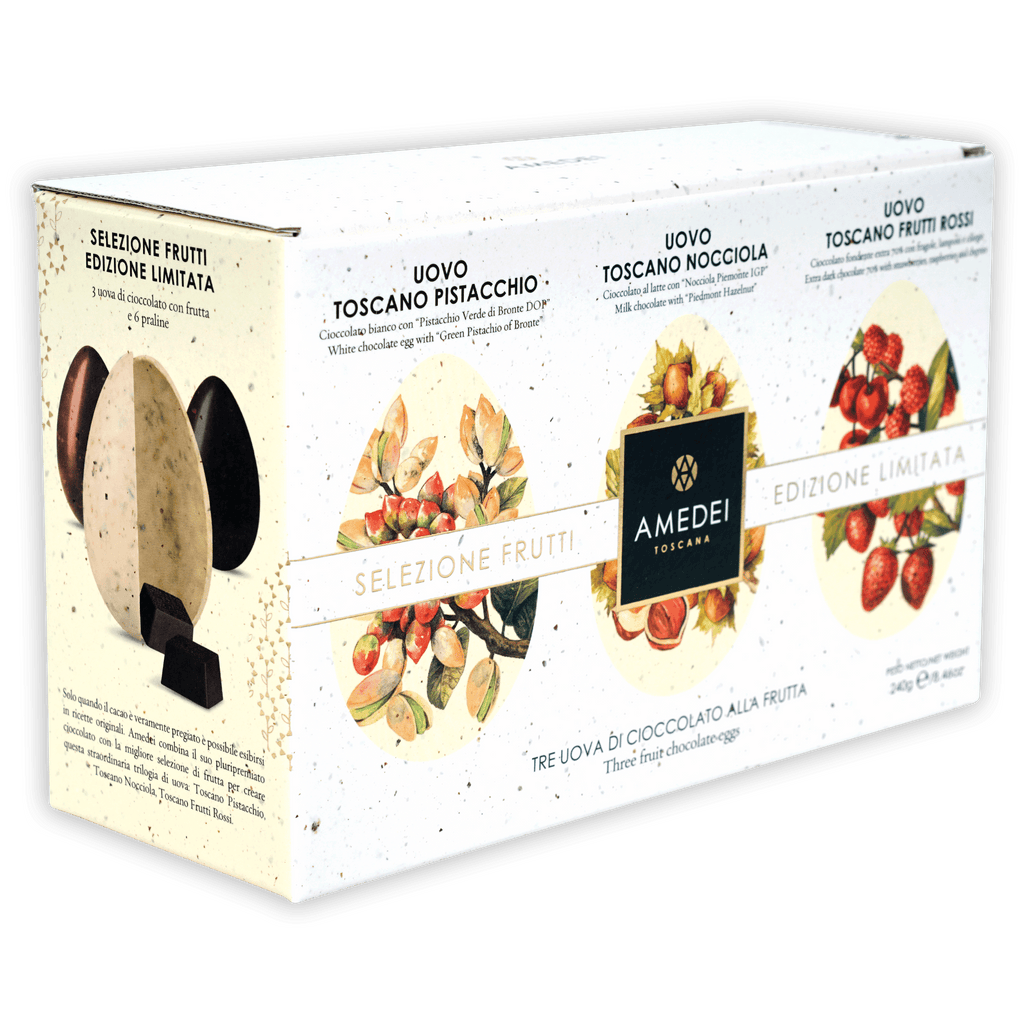 Amedei Easter Eggs Trio limited edition with pistachio hazelnut strawberry flavors