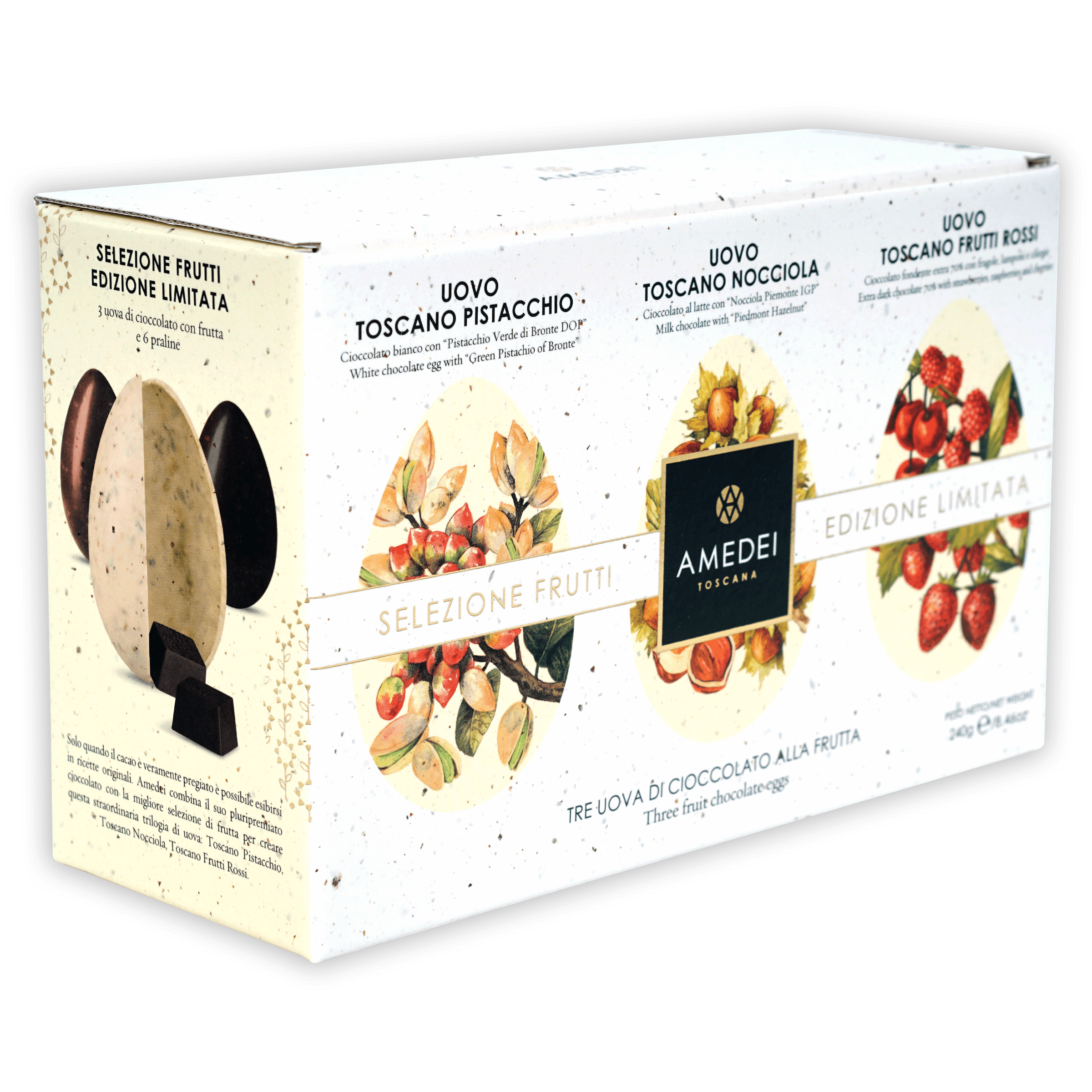 Amedei Easter Eggs Trio limited edition with pistachio hazelnut strawberry flavors