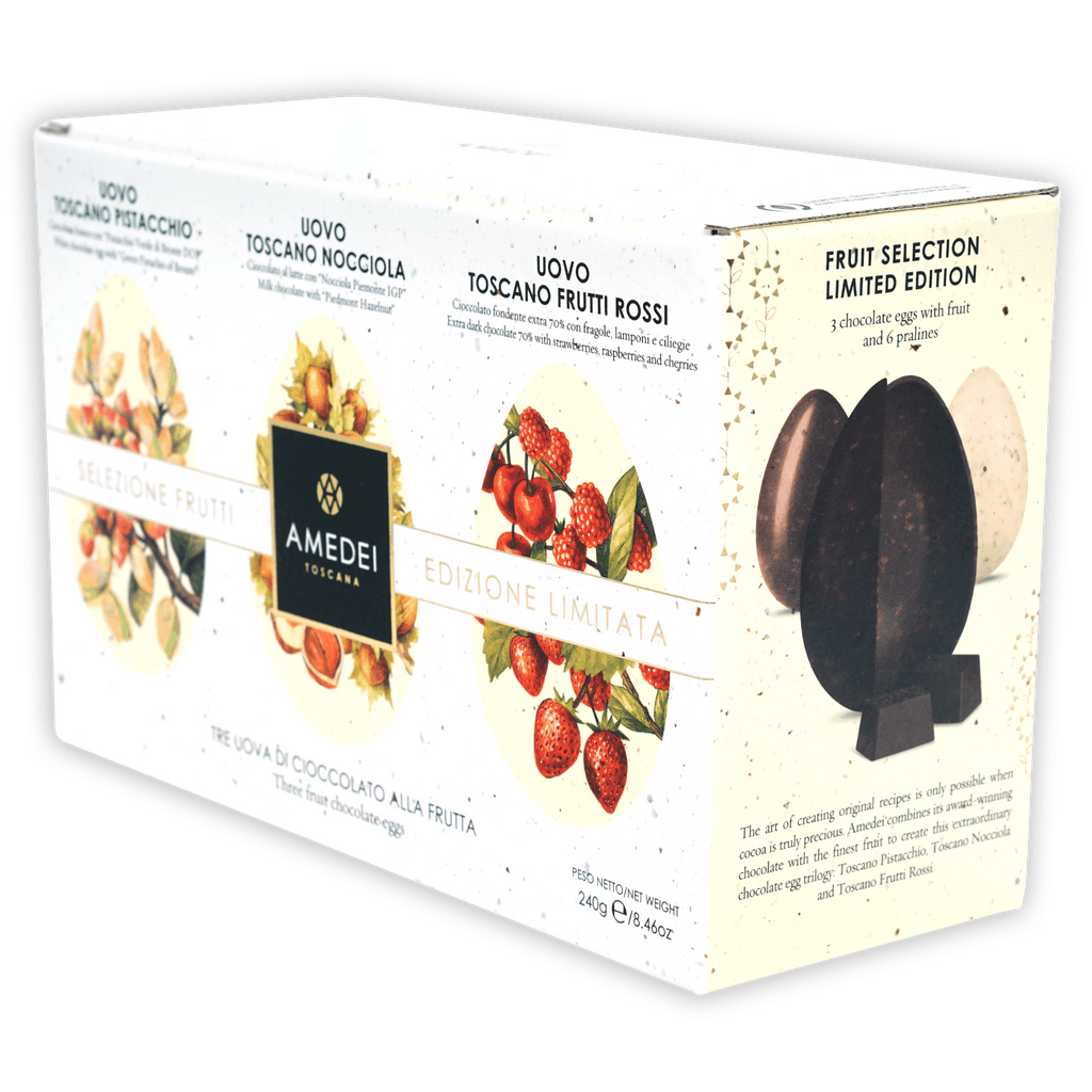 Amedei Toscano cream box with 3 fruit-filled chocolate Easter eggs, limited edition