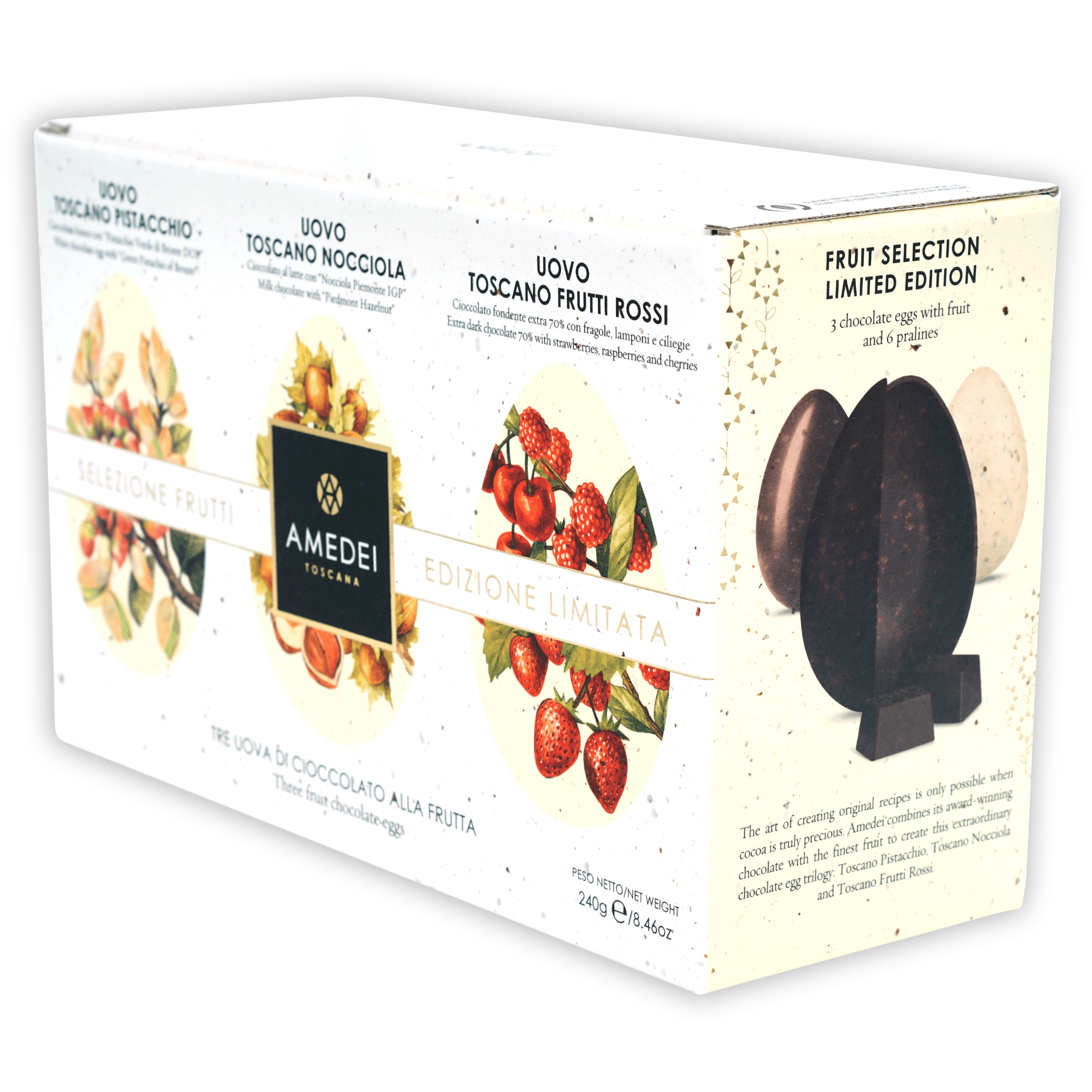 Amedei Toscano cream box with 3 fruit-filled chocolate Easter eggs, limited edition