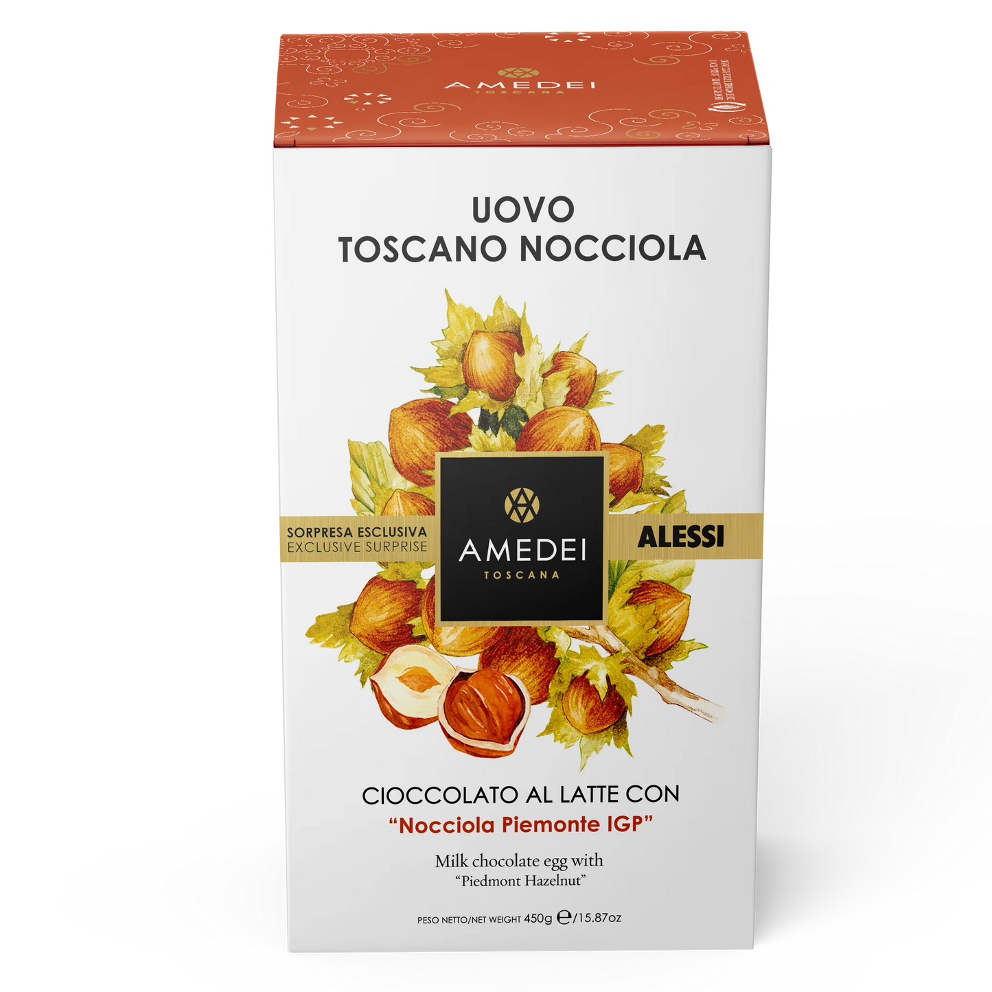 Amedei Uovo Toscano Nocciola chocolate packaging on a white background