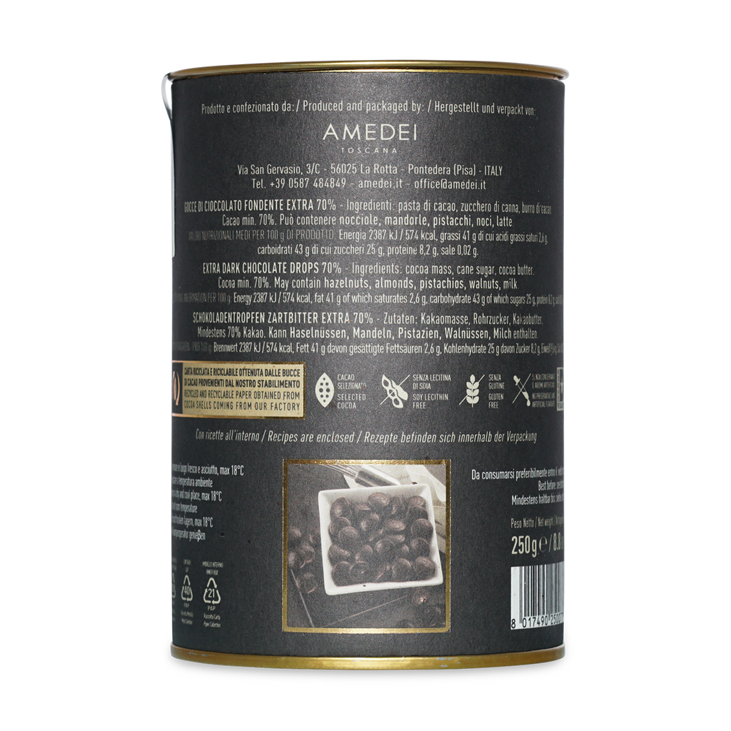 Amedei Gocce Toscano Black matte can with gold trim and chocolate drops inset