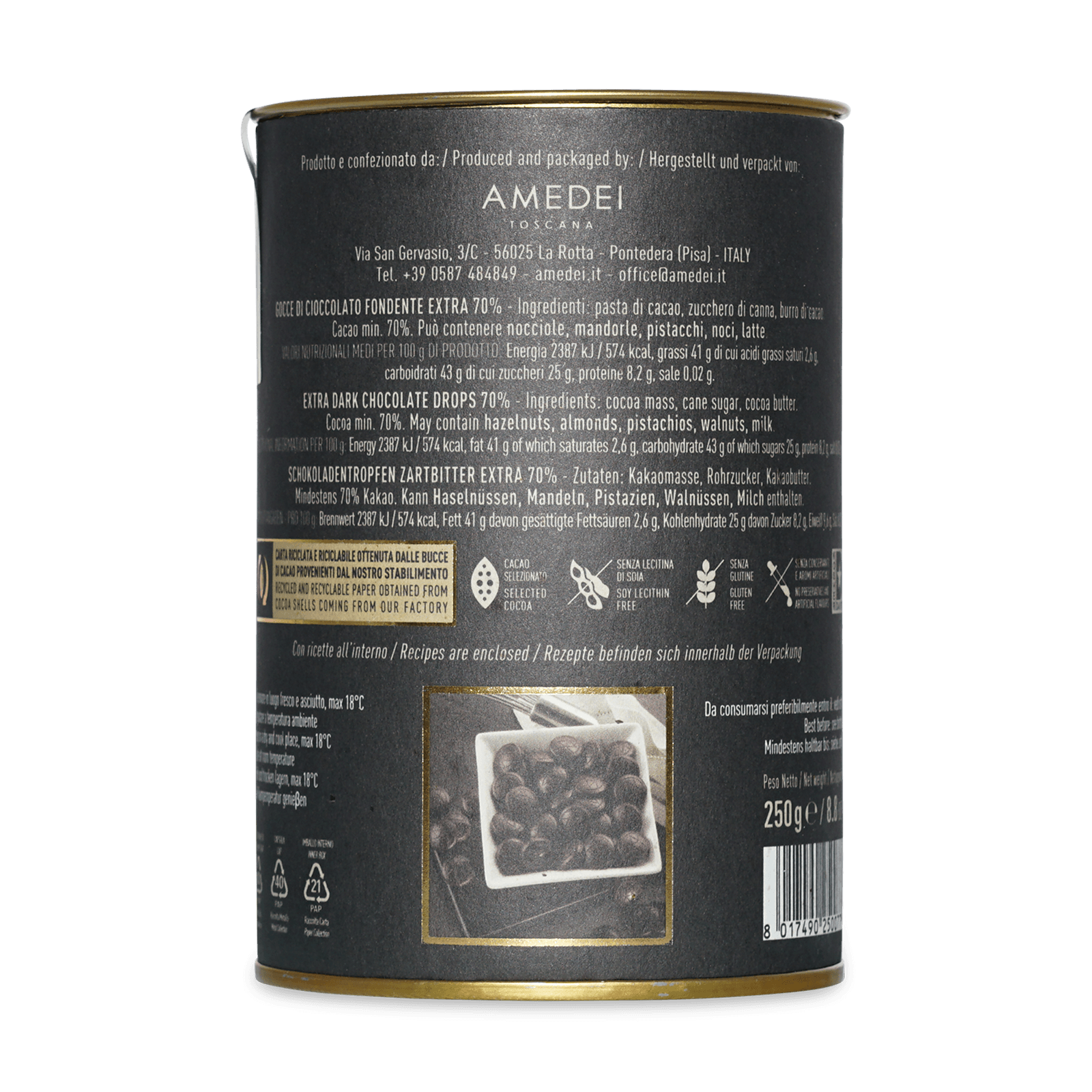 Amedei Gocce Toscano Black matte can with gold trim and chocolate drops inset