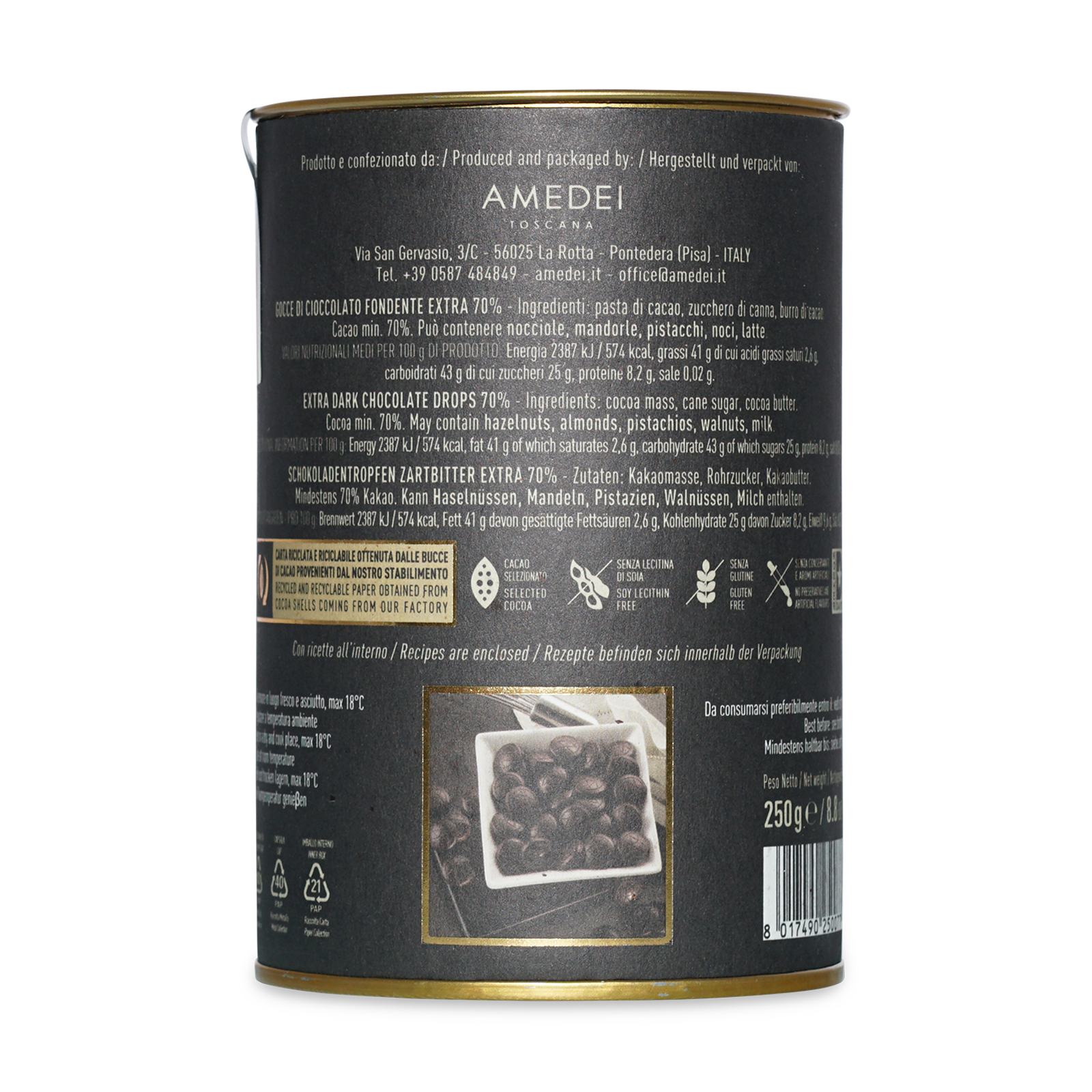 Amedei Gocce Toscano Black matte can with gold trim and chocolate drops inset