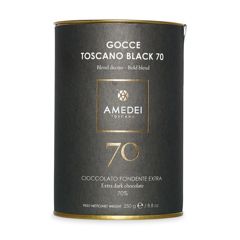 Amedei Toscana Gocce Toscano Black 70% dark chocolate tin