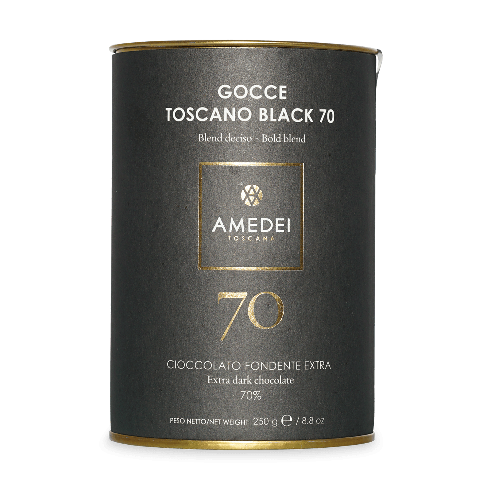 Amedei Toscana Gocce Toscano Black 70% dark chocolate tin