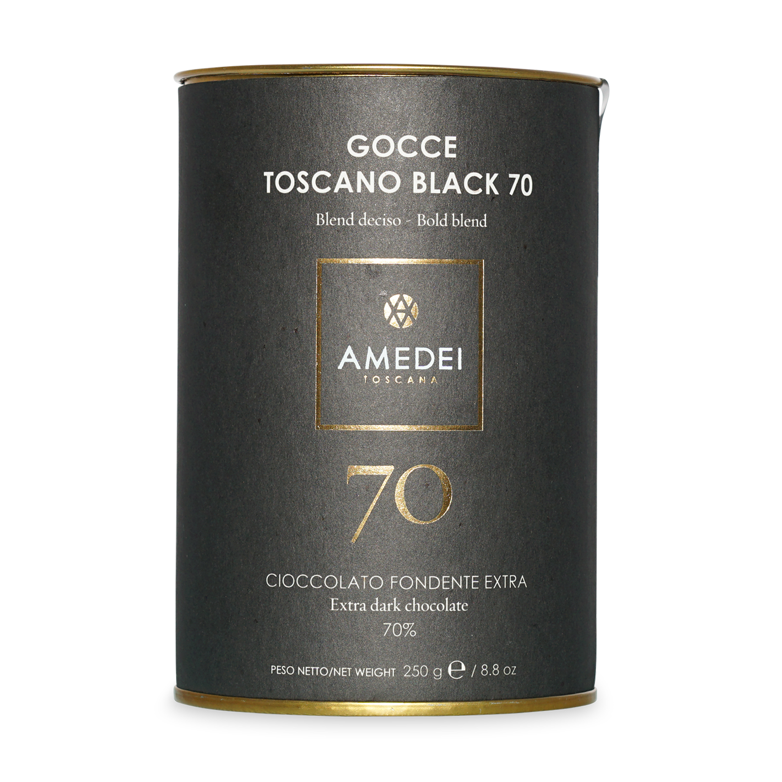Amedei Toscana Gocce Toscano Black 70% dark chocolate tin