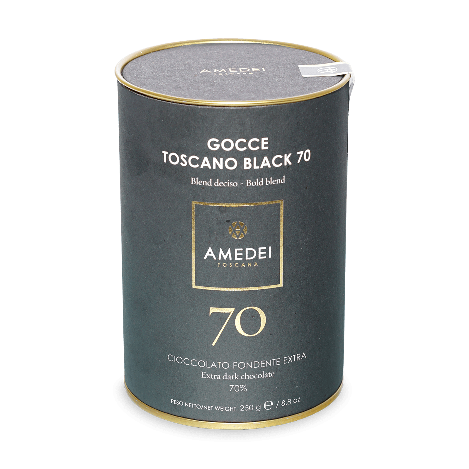 Amedei Gocce Toscano Black 70% dark chocolate chips in sleek green tin
