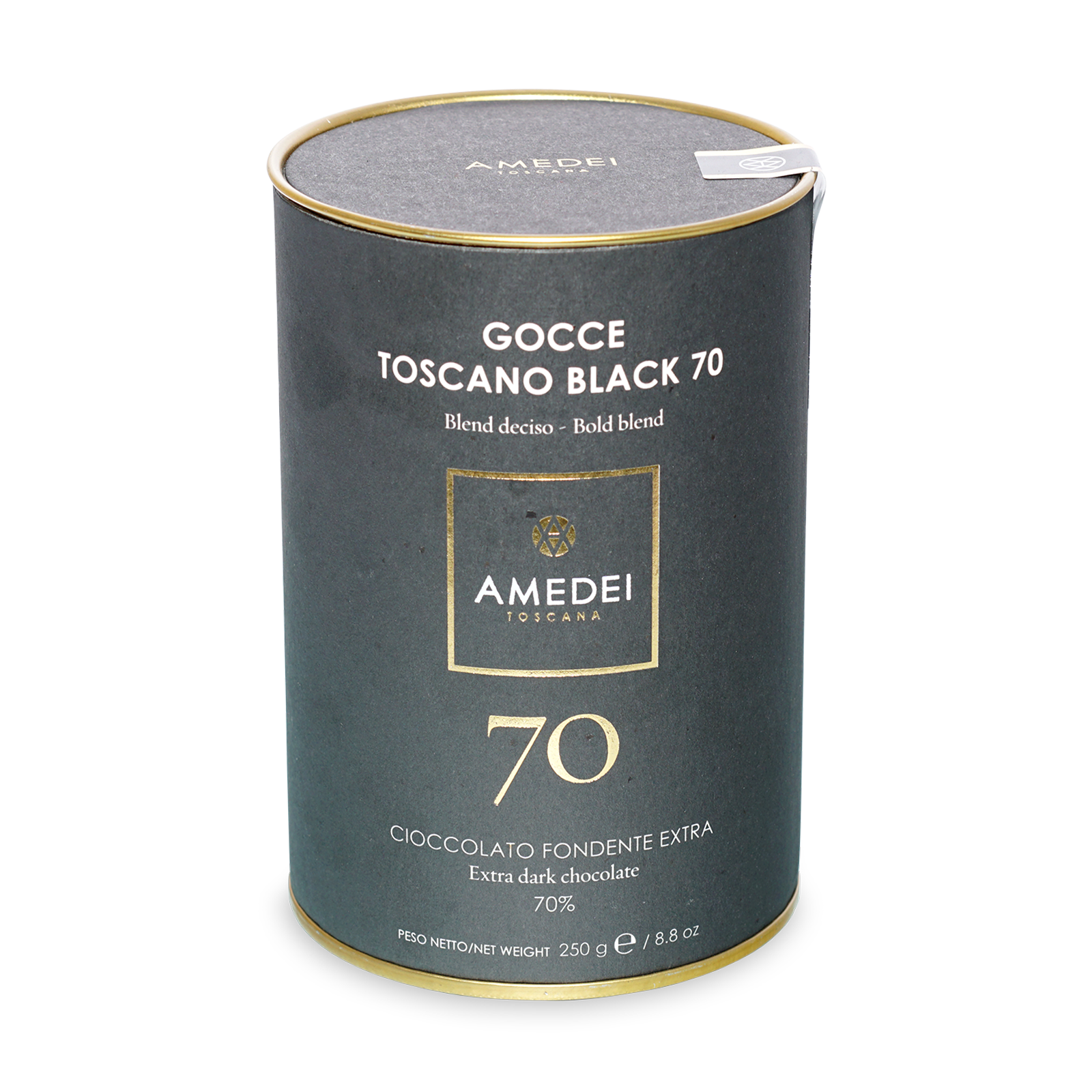 Amedei Gocce Toscano Black 70% dark chocolate chips in sleek green tin