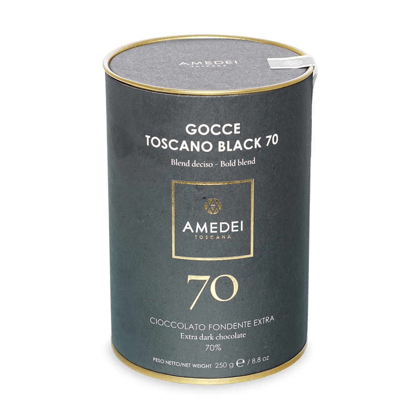 Amedei Gocce Toscano Black 70% dark chocolate chips in sleek green tin