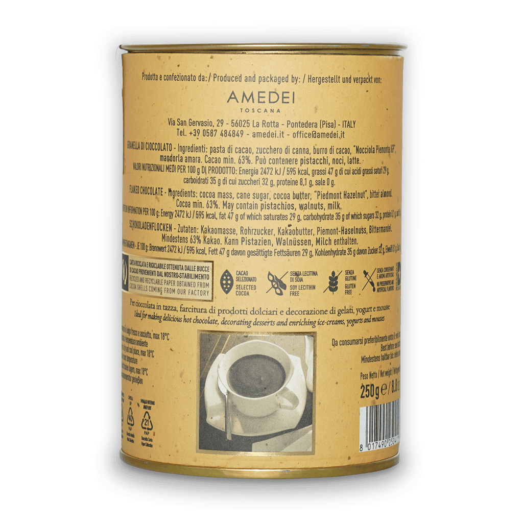 Amedei Toscana 62% hot chocolate flakes yellow tin with gold lid