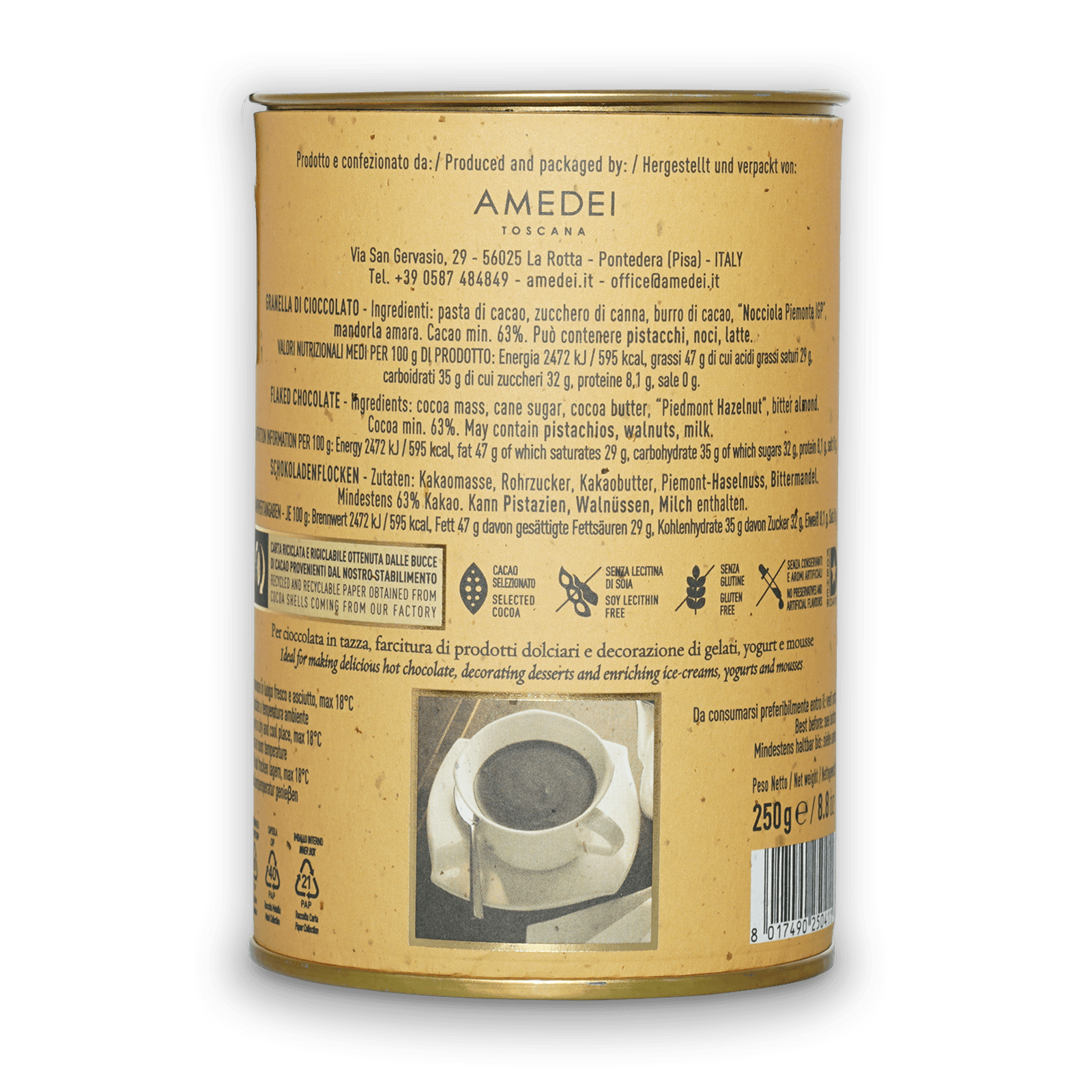 Amedei Toscana 62% hot chocolate flakes yellow tin with gold lid