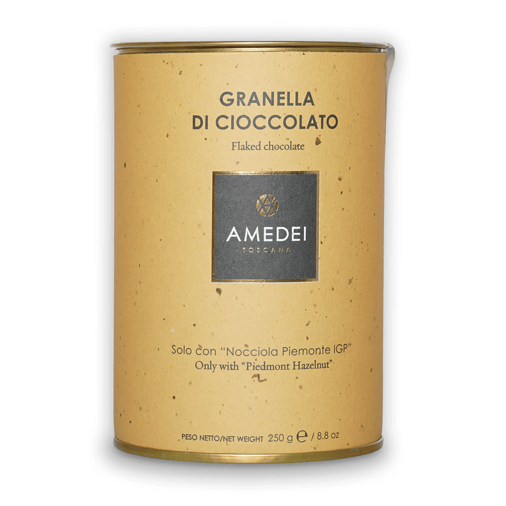 Amedei Toscana flaked chocolate tin, 62% hot chocolate flakes, speckled yellow exterior