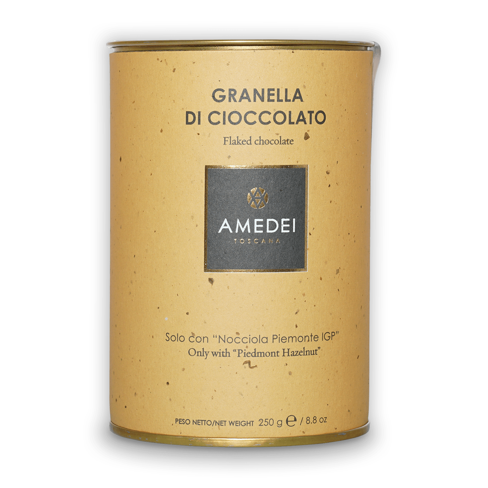 Amedei Toscana flaked chocolate tin, 62% hot chocolate flakes, speckled yellow exterior