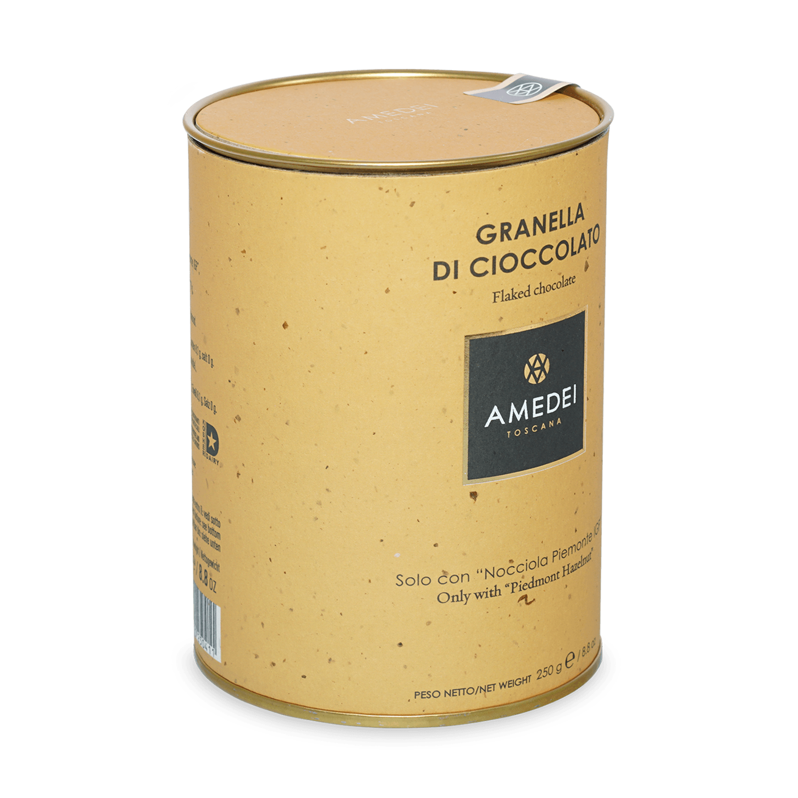 Amedei Toscana flaked chocolate golden tin with yellow speckled exterior