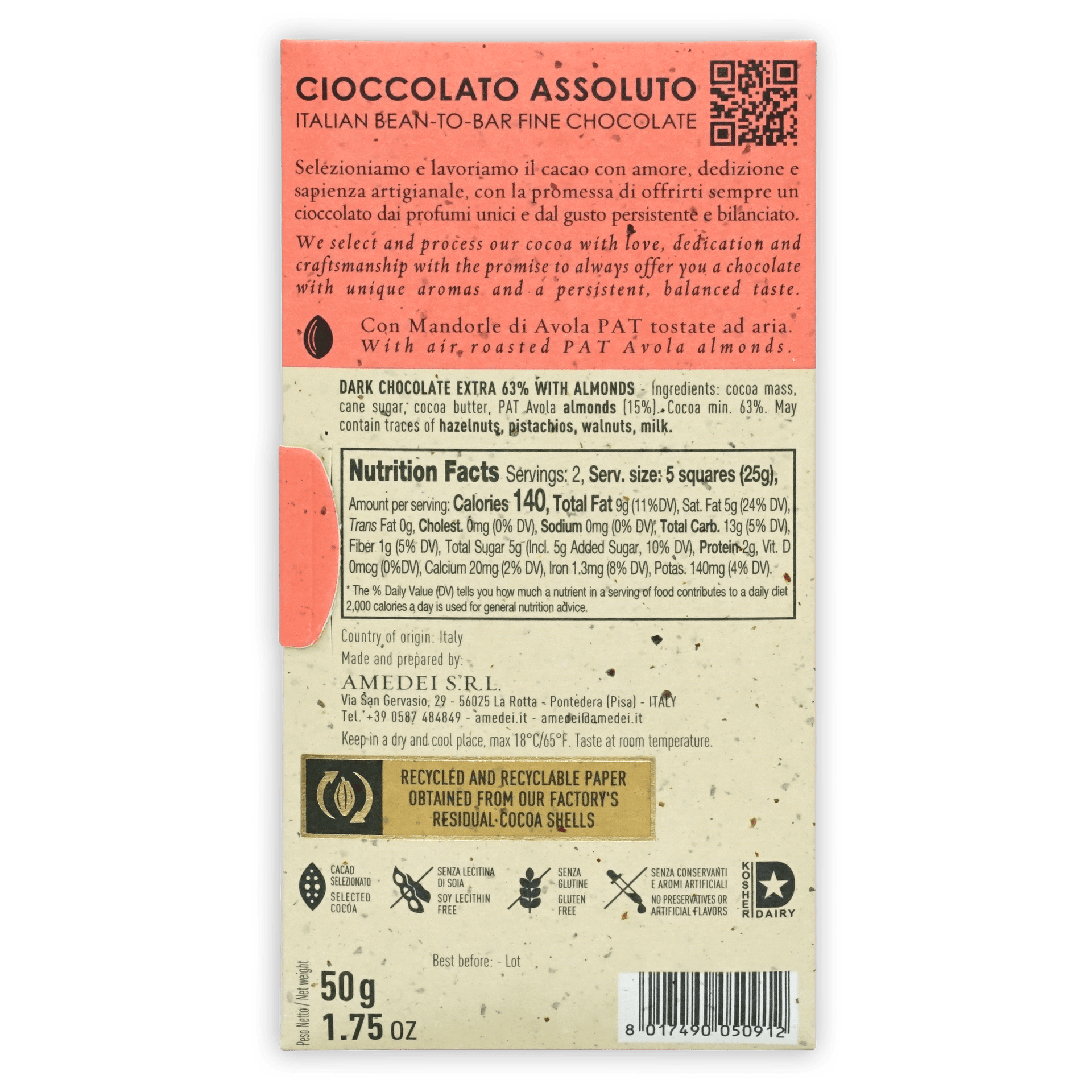 Back of Amedei Mandorle 63% dark chocolate with almonds wrapper