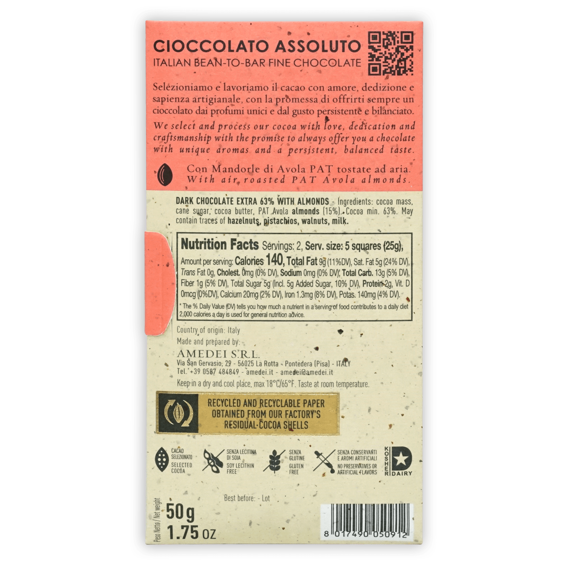 Back of Amedei Mandorle 63% dark chocolate with almonds wrapper