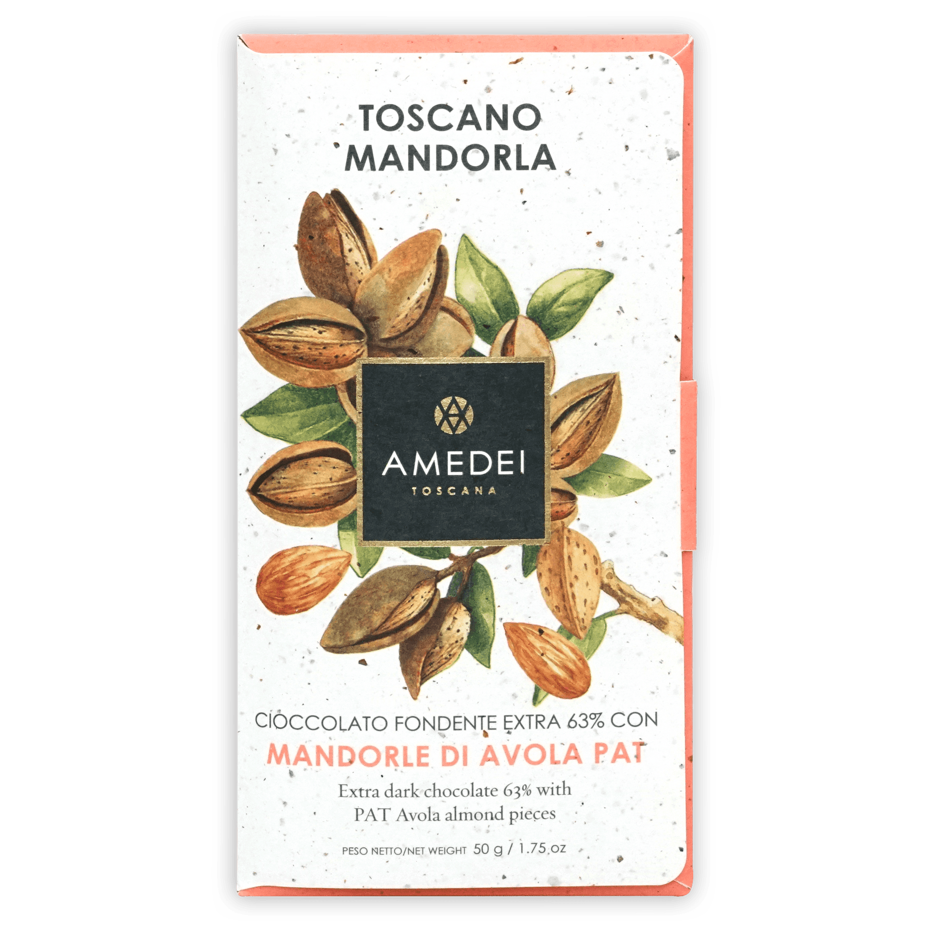 Amedei Mandorle 63% dark chocolate bar with almonds, Toscana wrapper