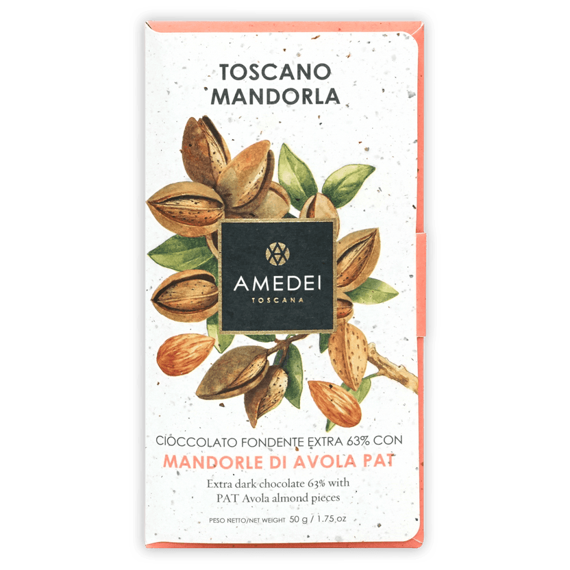 Amedei Mandorle 63% dark chocolate bar with almonds, Toscana wrapper